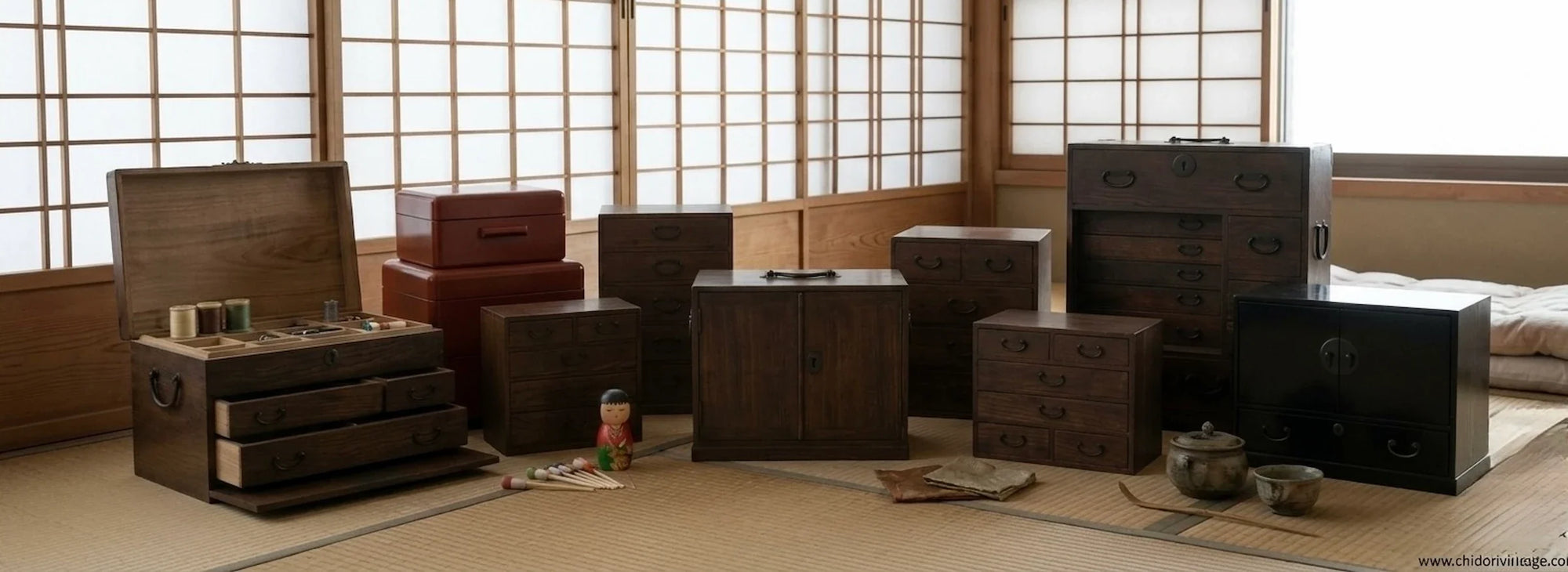 Collection of vintage Japanese furniture, sewing chests, jewelry chests, and wooden storage cabinets displayed in a traditional tatami room