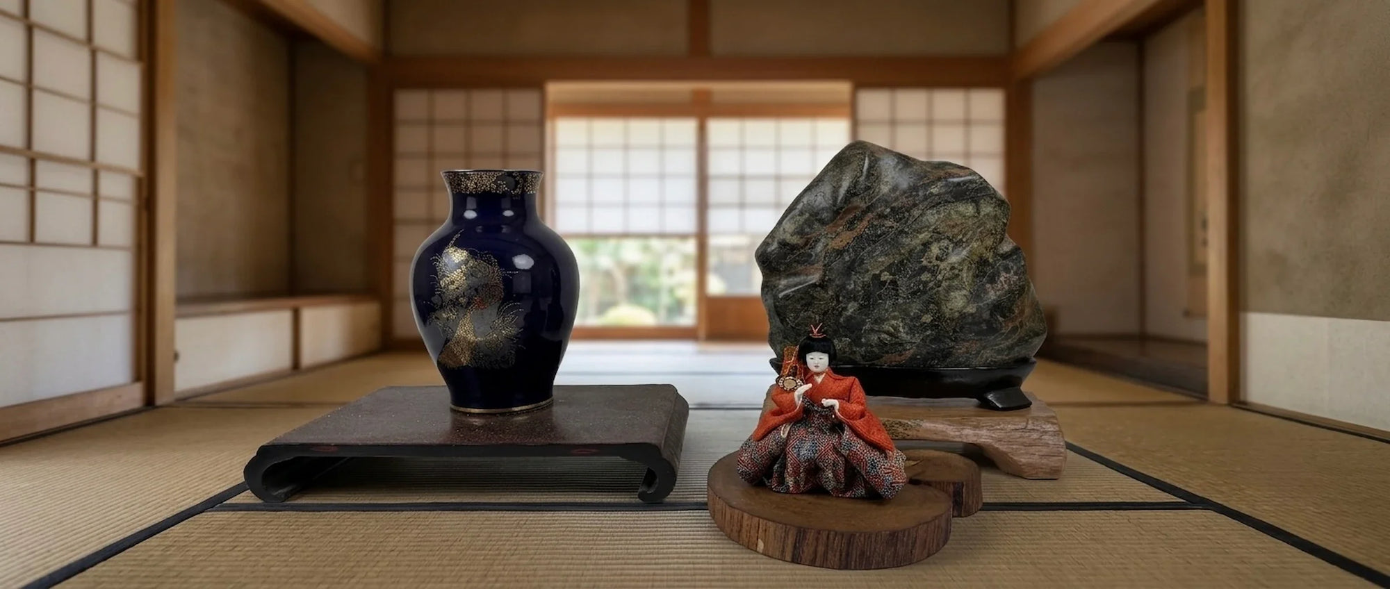 Collection of vintage Japanese tables, display stands, wooden platforms, and decorative bases displayed in a traditional Japanese room setting
