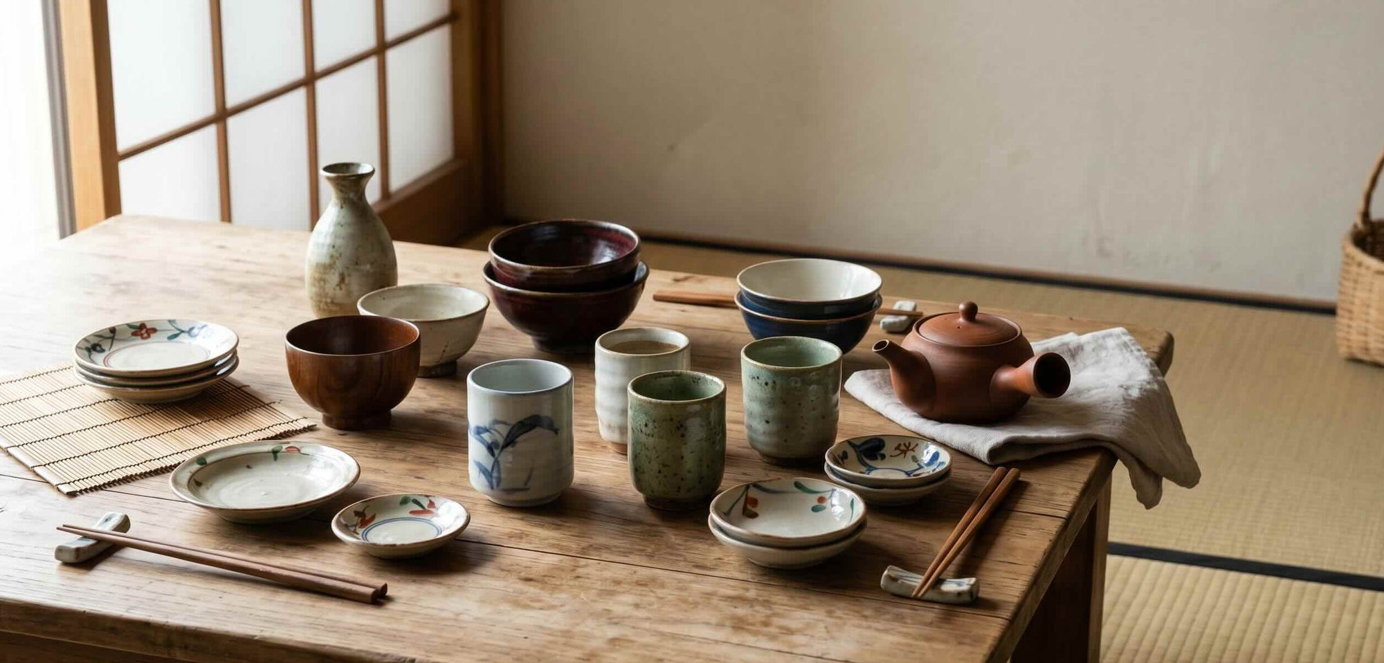 Vintage Japanese ceramic tableware and tea set arranged on a wooden table in a traditional tatami room