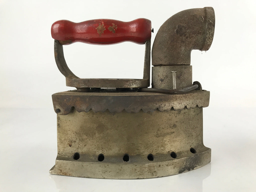 Antique 1900 Japanese Sad Iron Charcoal Chimney Wood Handle Cherry Blossom JK687
