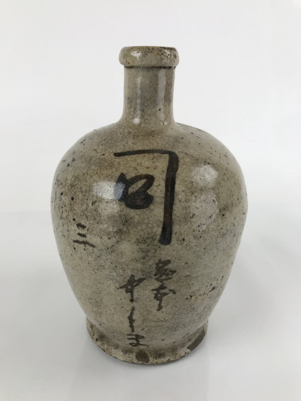 Antique C1880 Japanese Ceramic Sake Bottle Kayoi-Tokkuri Gray Black Kanji TS630