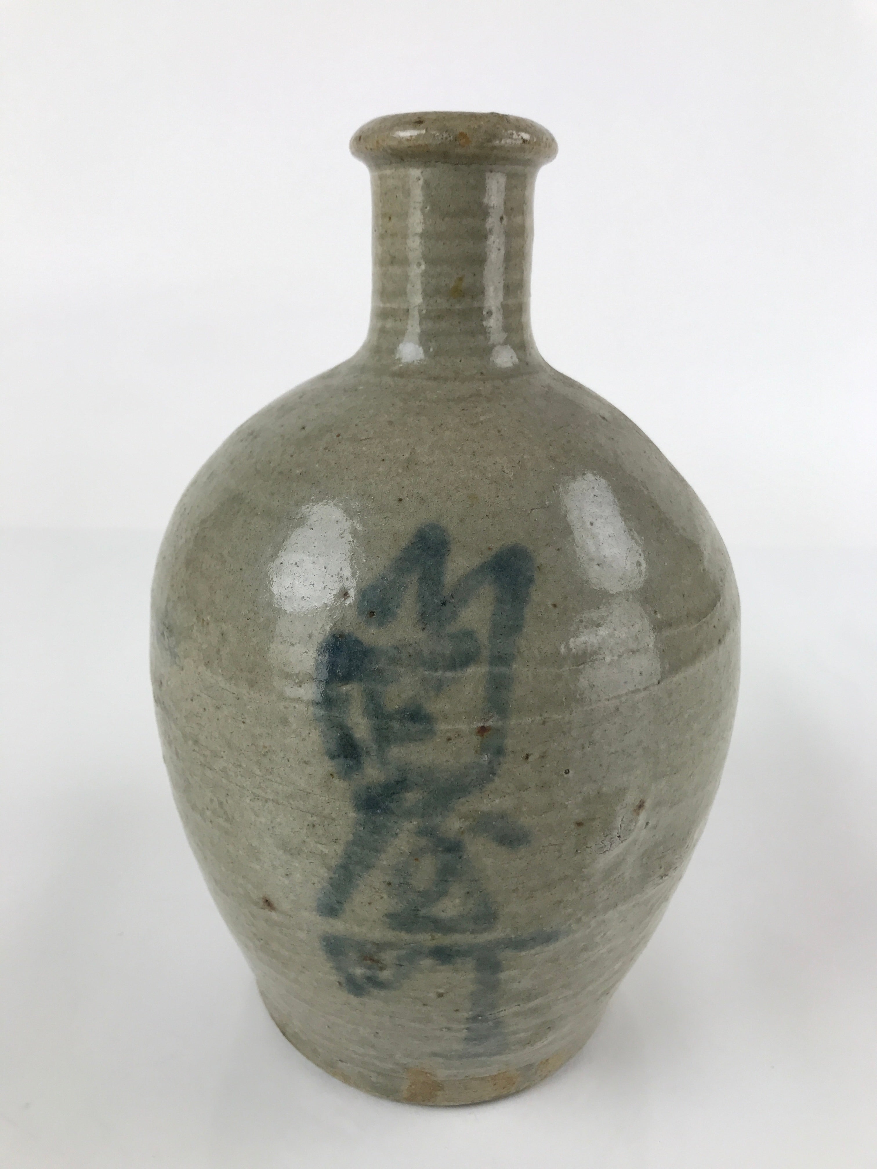 Antique C1880 Japanese Ceramic Sake Bottle Kayoi-Tokkuri Gray Blue Kanji TS629