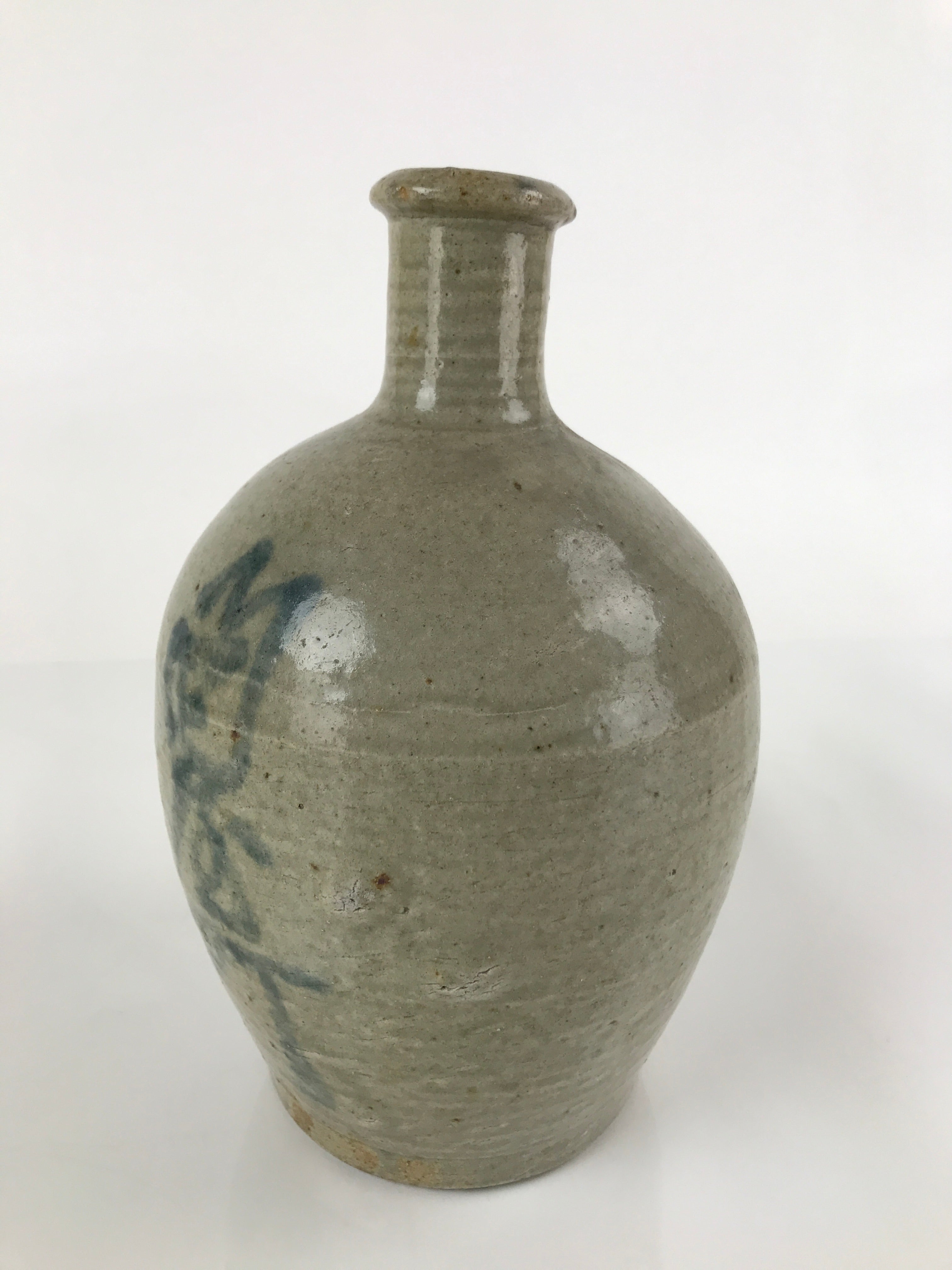 Antique C1880 Japanese Ceramic Sake Bottle Kayoi-Tokkuri Gray Blue Kanji TS629