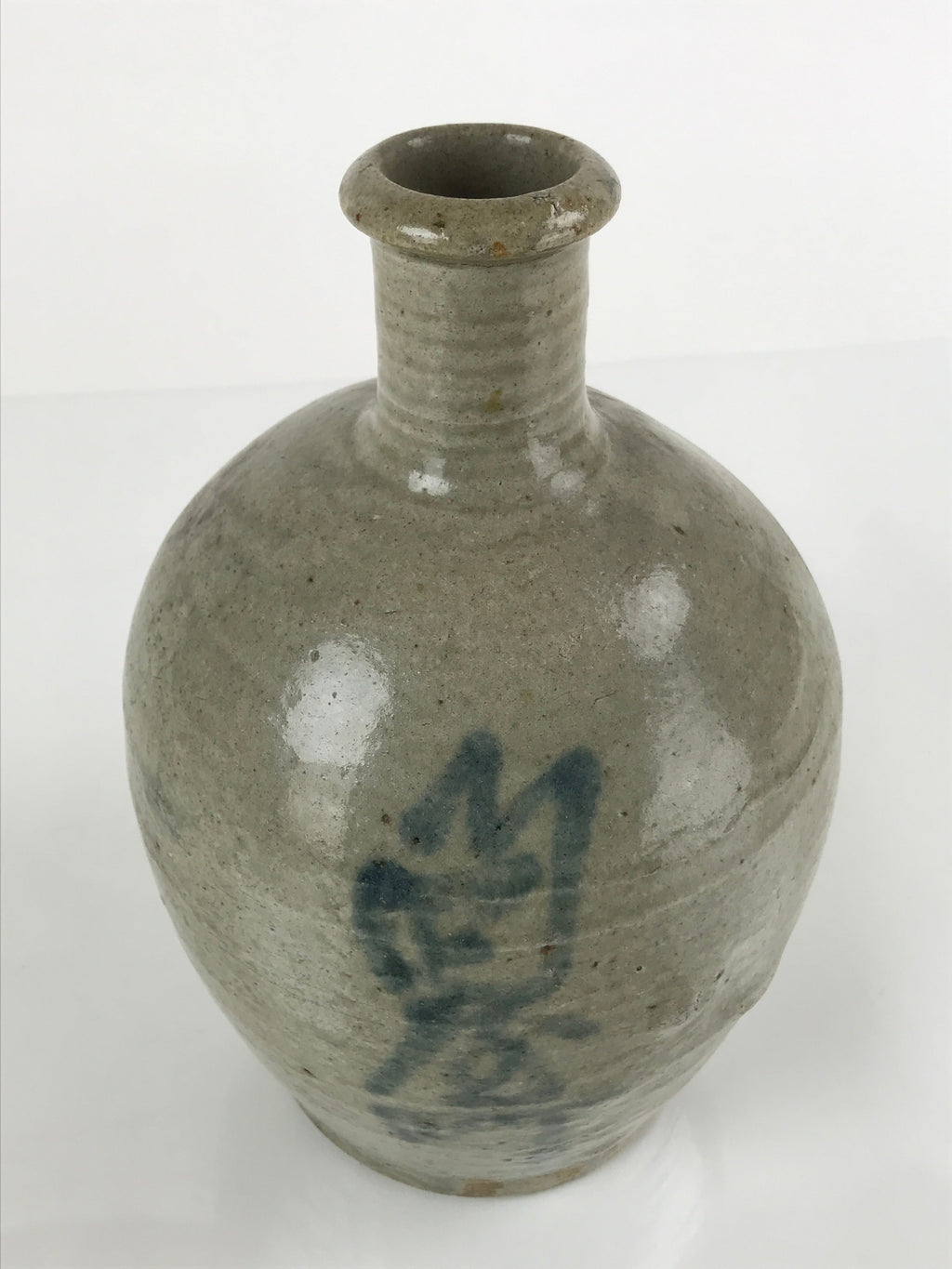 Antique C1880 Japanese Ceramic Sake Bottle Kayoi-Tokkuri Gray Blue Kanji TS629