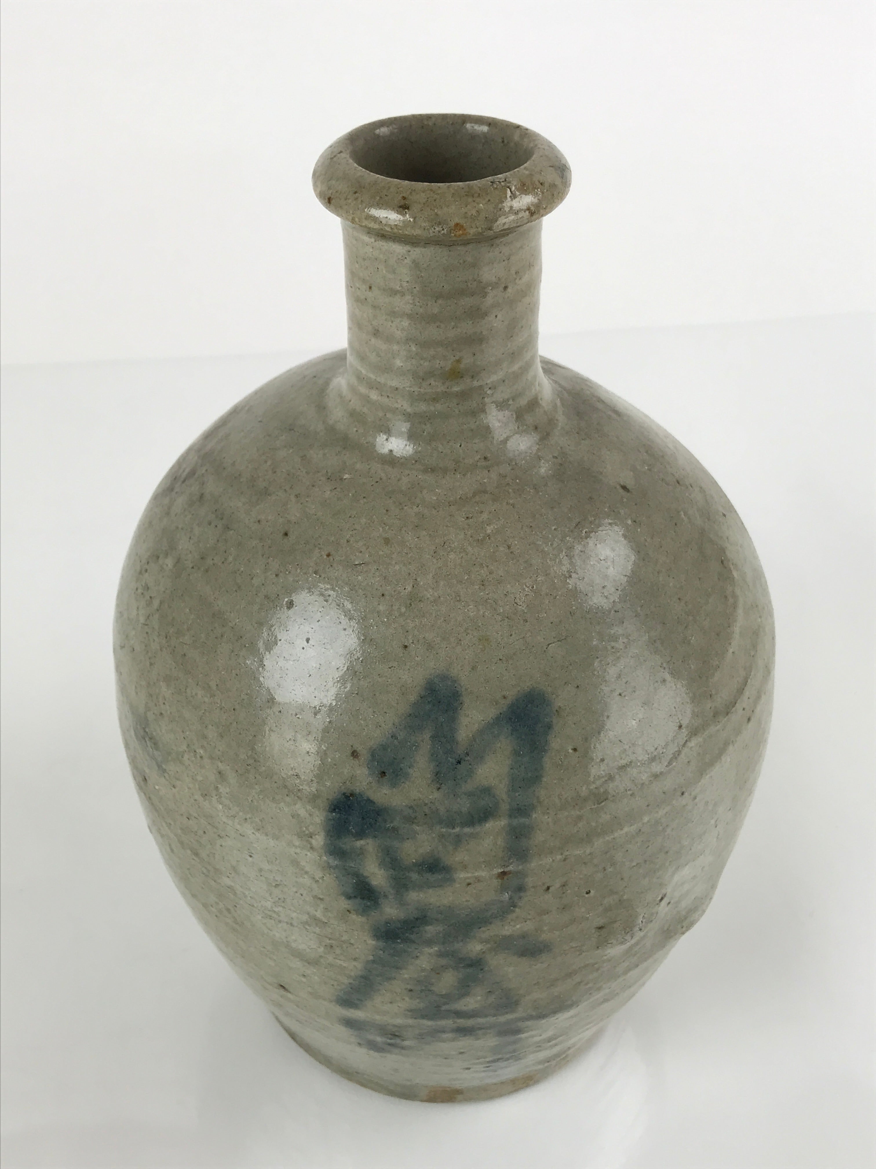 Antique C1880 Japanese Ceramic Sake Bottle Kayoi-Tokkuri Gray Blue Kanji TS629