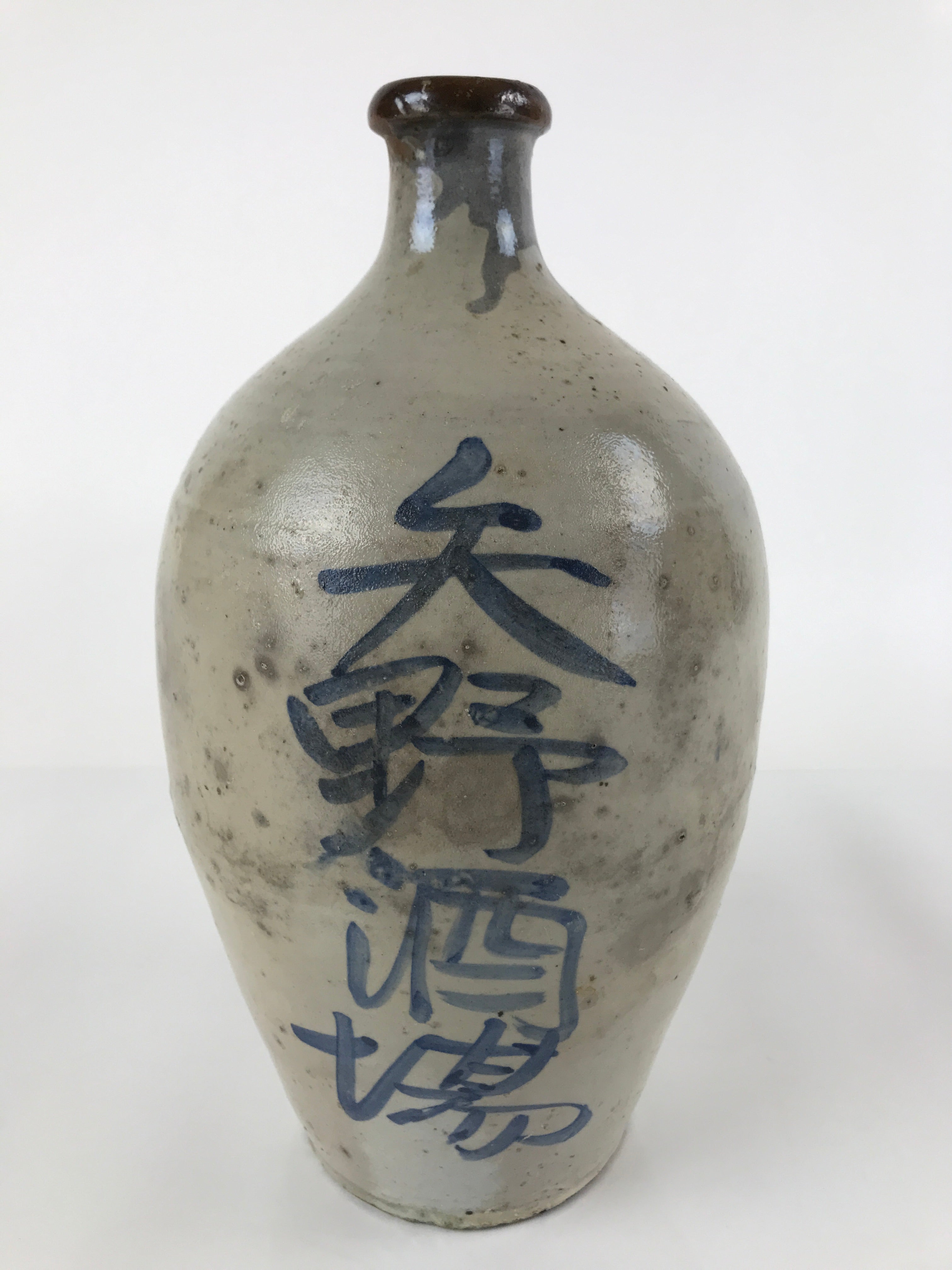 Antique C1880 Japanese Ceramic Sake Bottle Kayoi-Tokkuri Gray Blue Kanji TS632