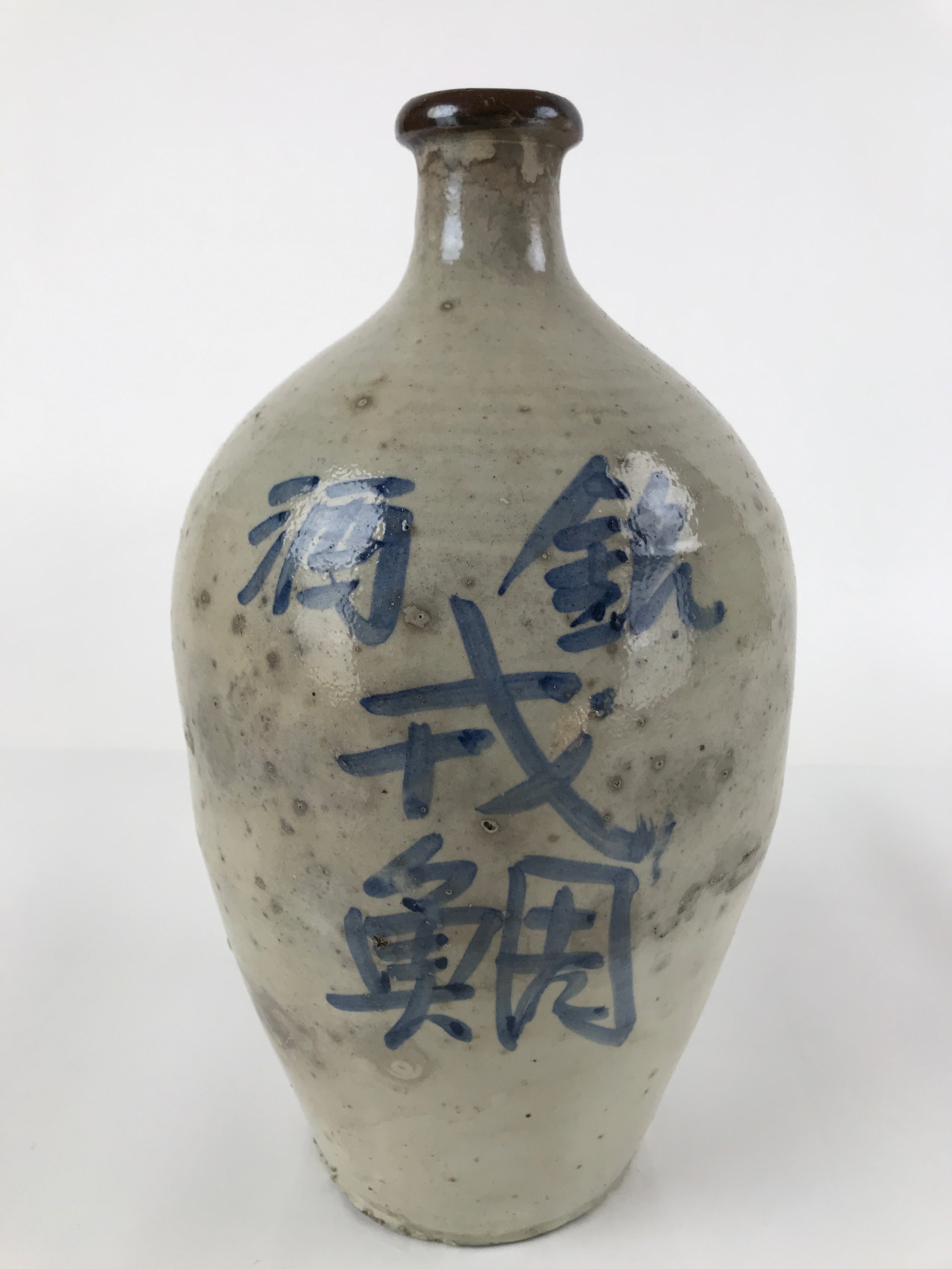 Antique C1880 Japanese Ceramic Sake Bottle Kayoi-Tokkuri Gray Blue Kanji TS632