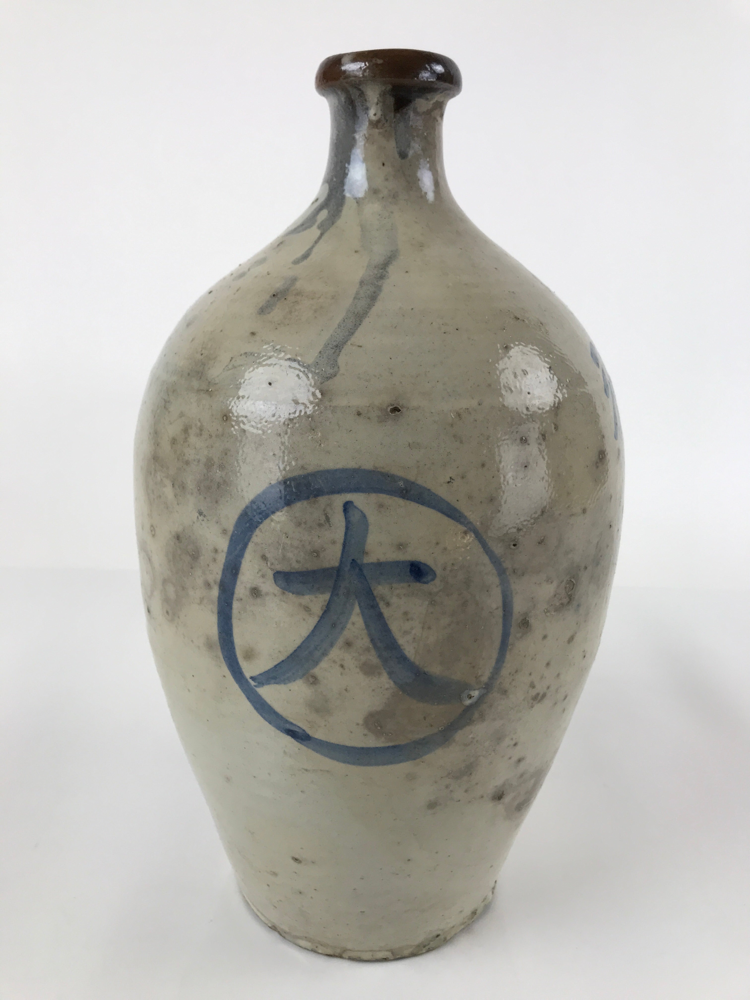 Antique C1880 Japanese Ceramic Sake Bottle Kayoi-Tokkuri Gray Blue Kanji TS632