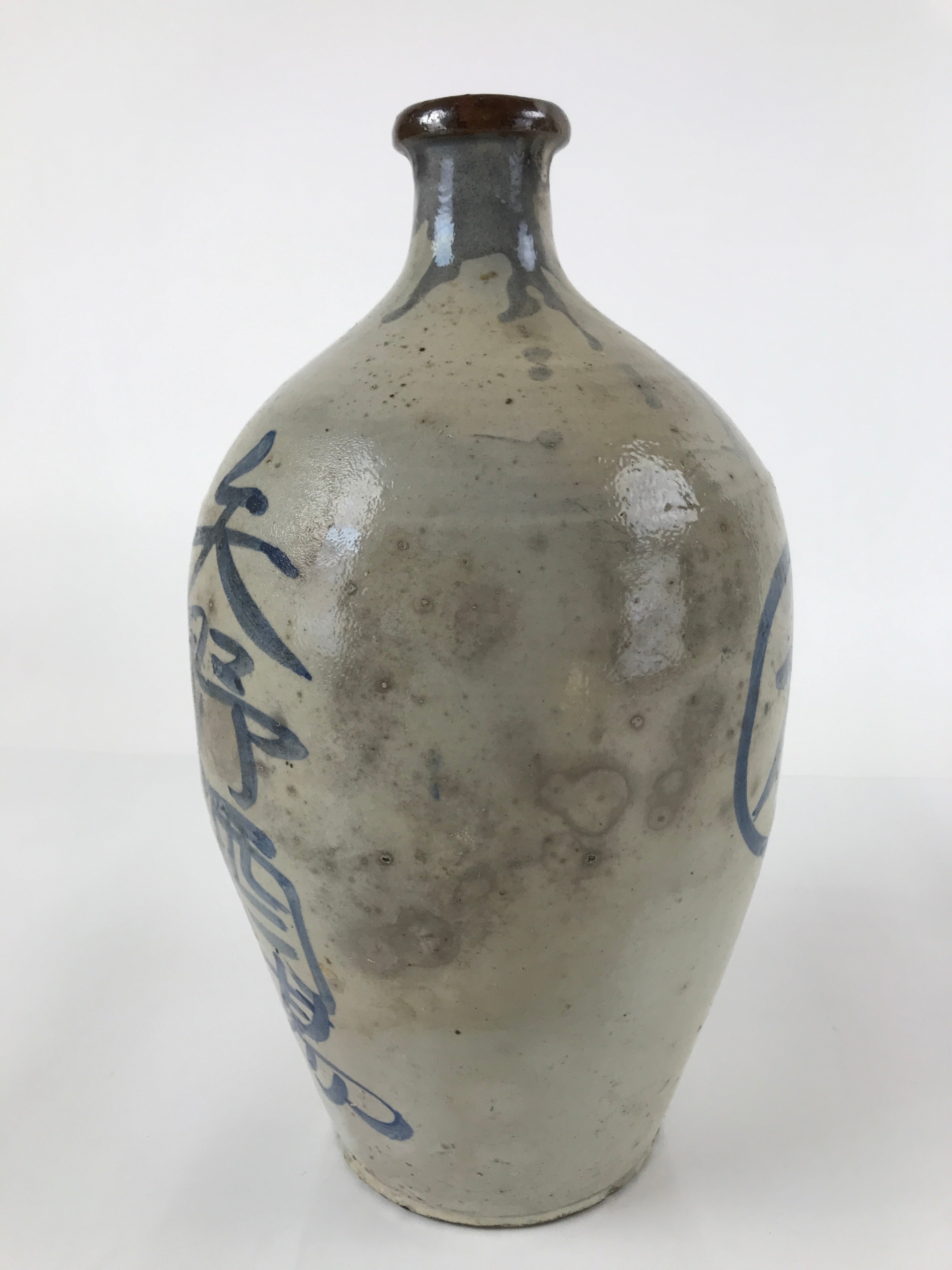 Antique C1880 Japanese Ceramic Sake Bottle Kayoi-Tokkuri Gray Blue Kanji TS632