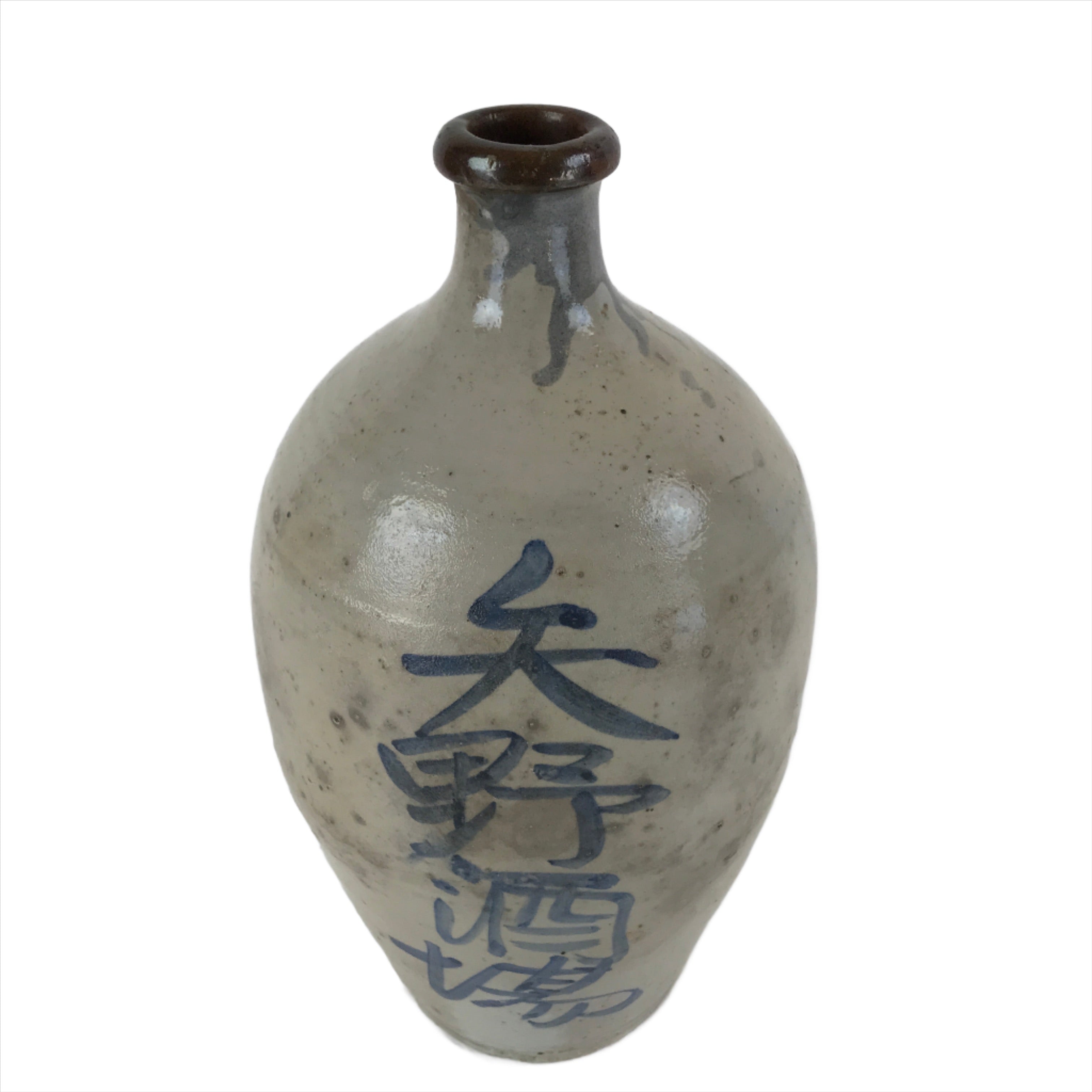 Antique C1880 Japanese Ceramic Sake Bottle Kayoi-Tokkuri Gray Blue Kanji TS632