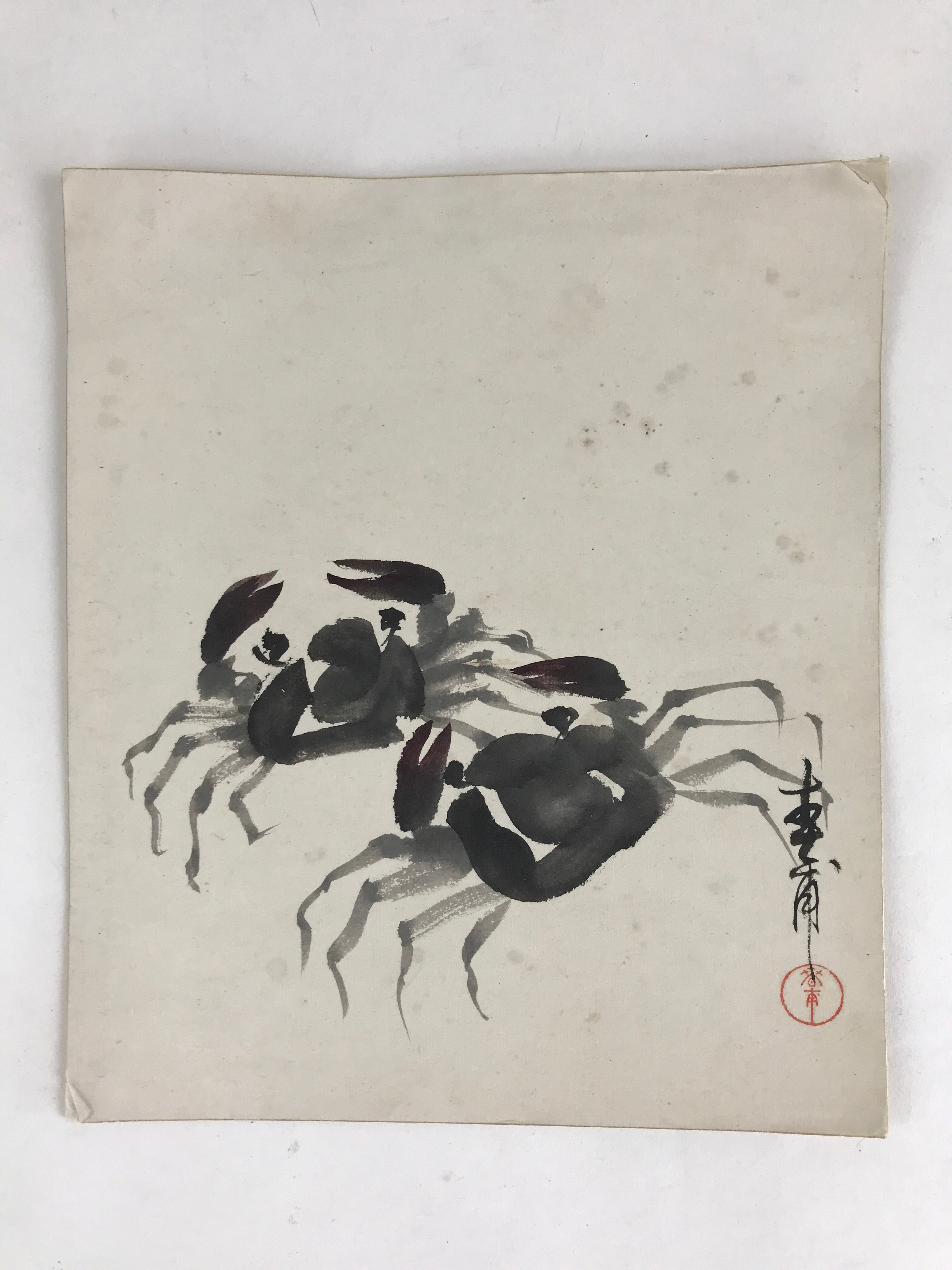 Antique C1900 Japanese Art Paper Small Shikishi Paper Black Ink Picture Crab Kan