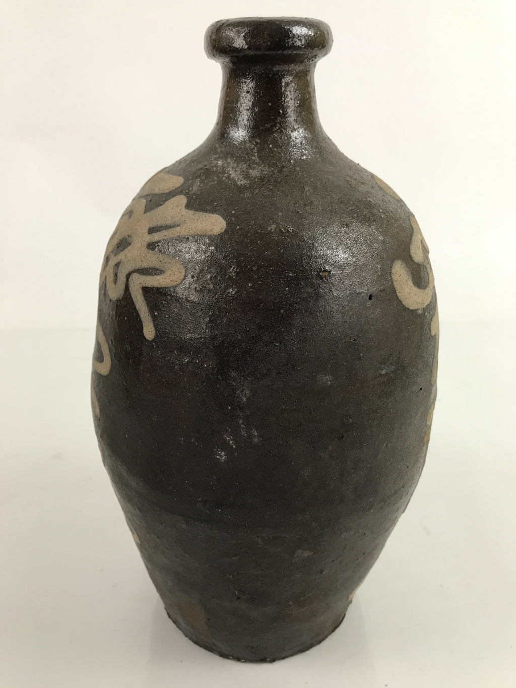 Antique C1900 Japanese Ceramic Sake Bottle Kayoi-Tokkuri Beige Kanji Brown TS746
