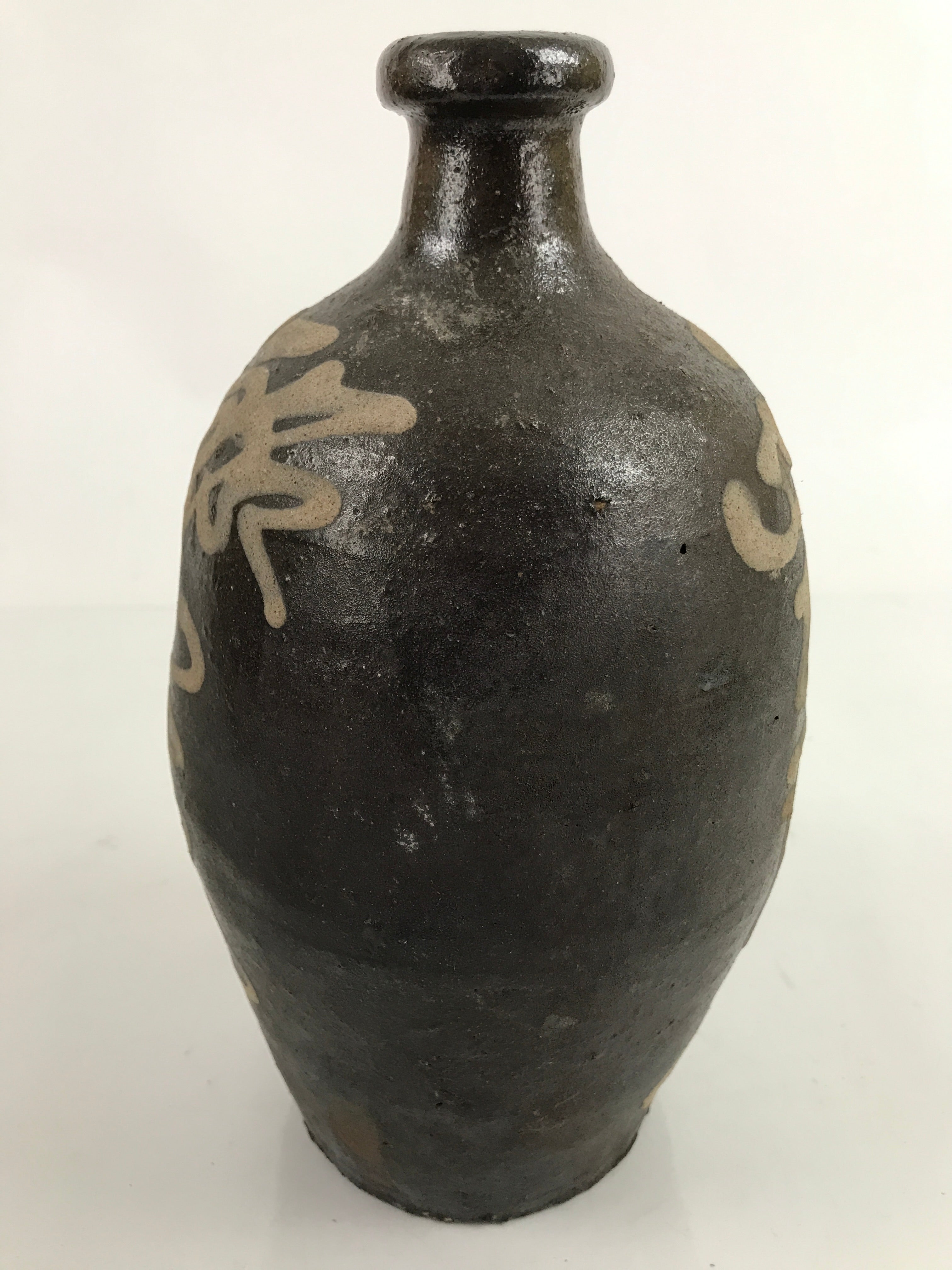 Antique C1900 Japanese Ceramic Sake Bottle Kayoi-Tokkuri Beige Kanji Brown TS746
