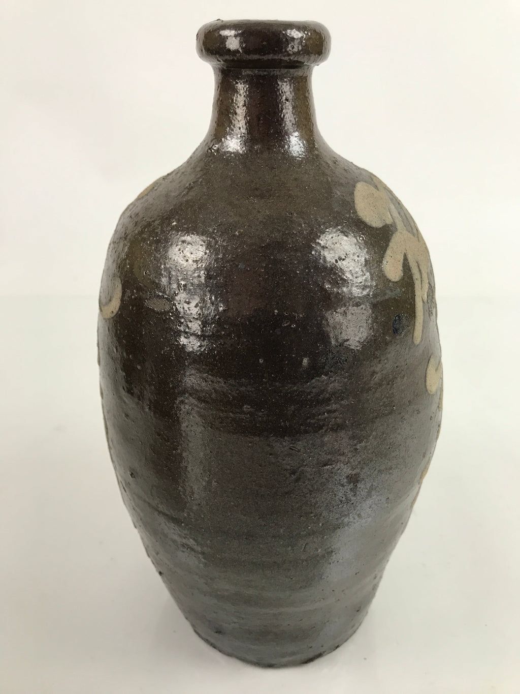 Antique C1900 Japanese Ceramic Sake Bottle Kayoi-Tokkuri Beige Kanji Brown TS746