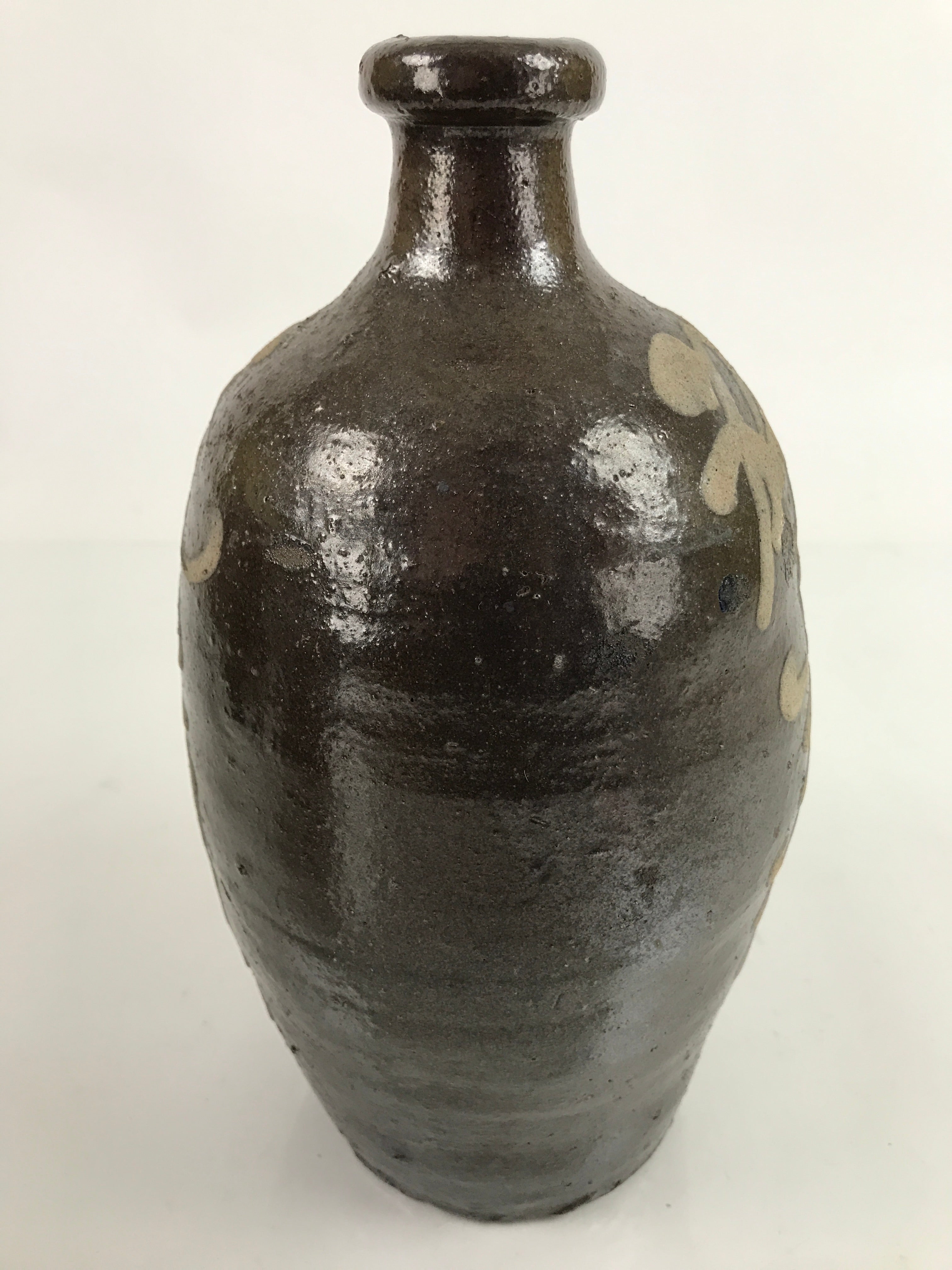 Antique C1900 Japanese Ceramic Sake Bottle Kayoi-Tokkuri Beige Kanji Brown TS746