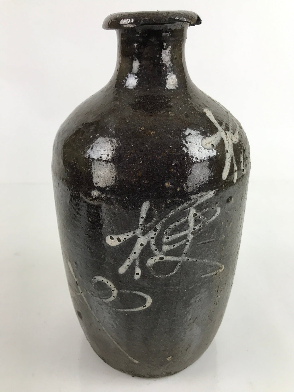 Antique C1900 Japanese Ceramic Sake Bottle Kayoi-Tokkuri Beige Kanji Brown TS747