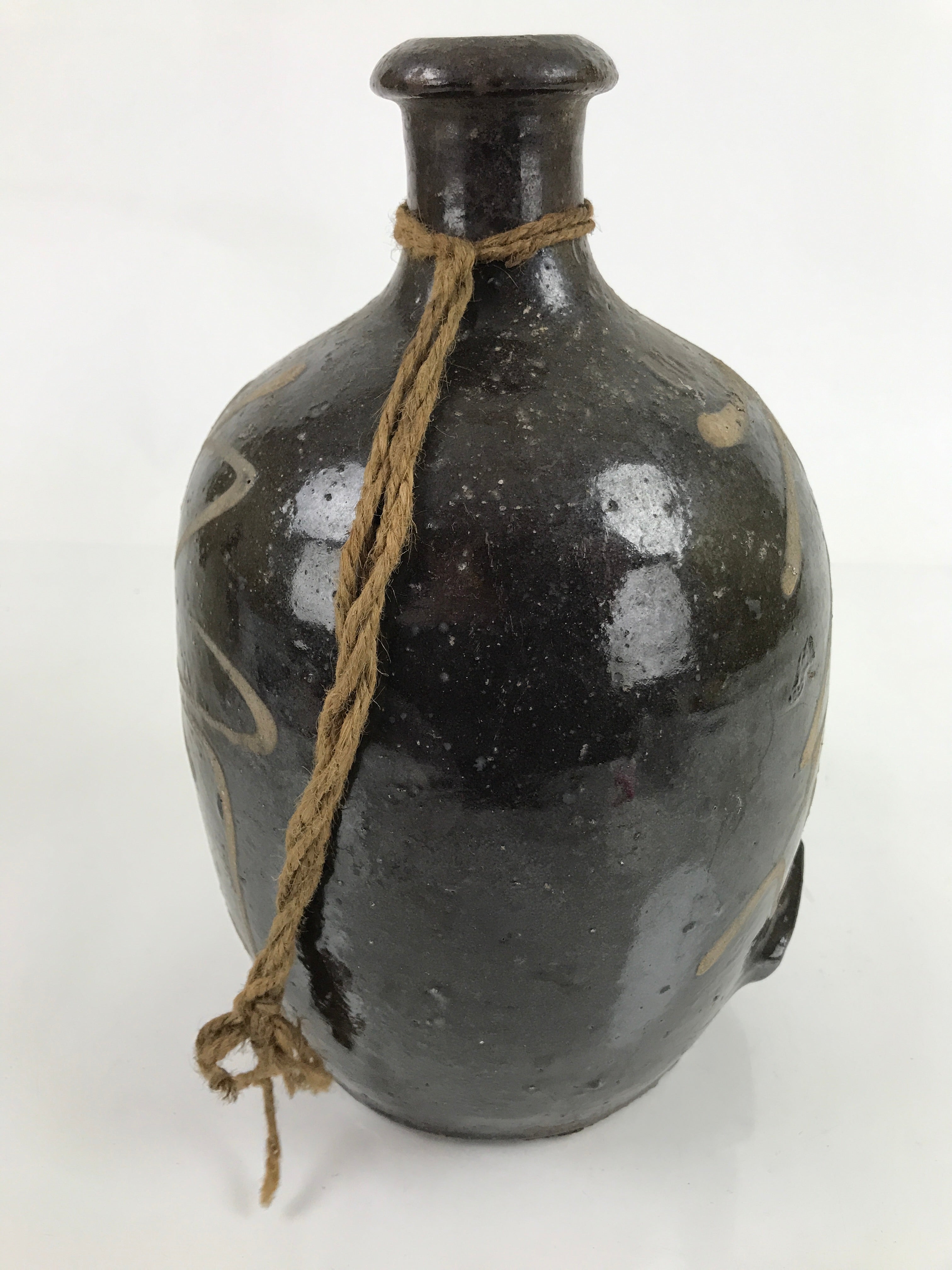 Antique C1900 Japanese Ceramic Sake Bottle Kayoi-Tokkuri Beige Kanji Brown TS751