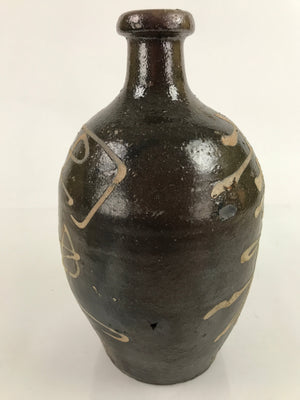 Antique C1900 Japanese Ceramic Sake Bottle Kayoi-Tokkuri Beige Kanji Brown TS752