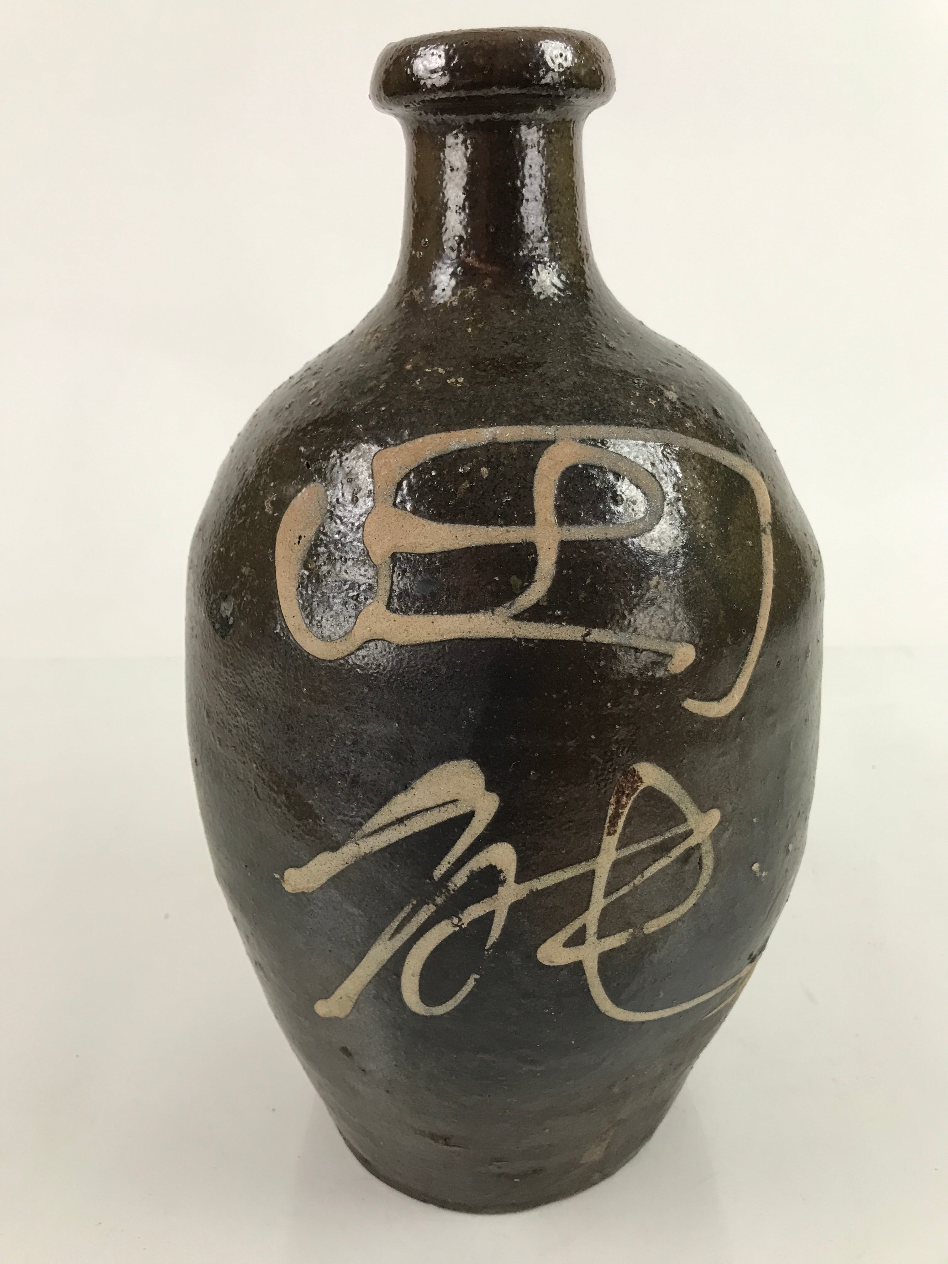 Antique C1900 Japanese Ceramic Sake Bottle Kayoi-Tokkuri Beige Kanji Brown TS752