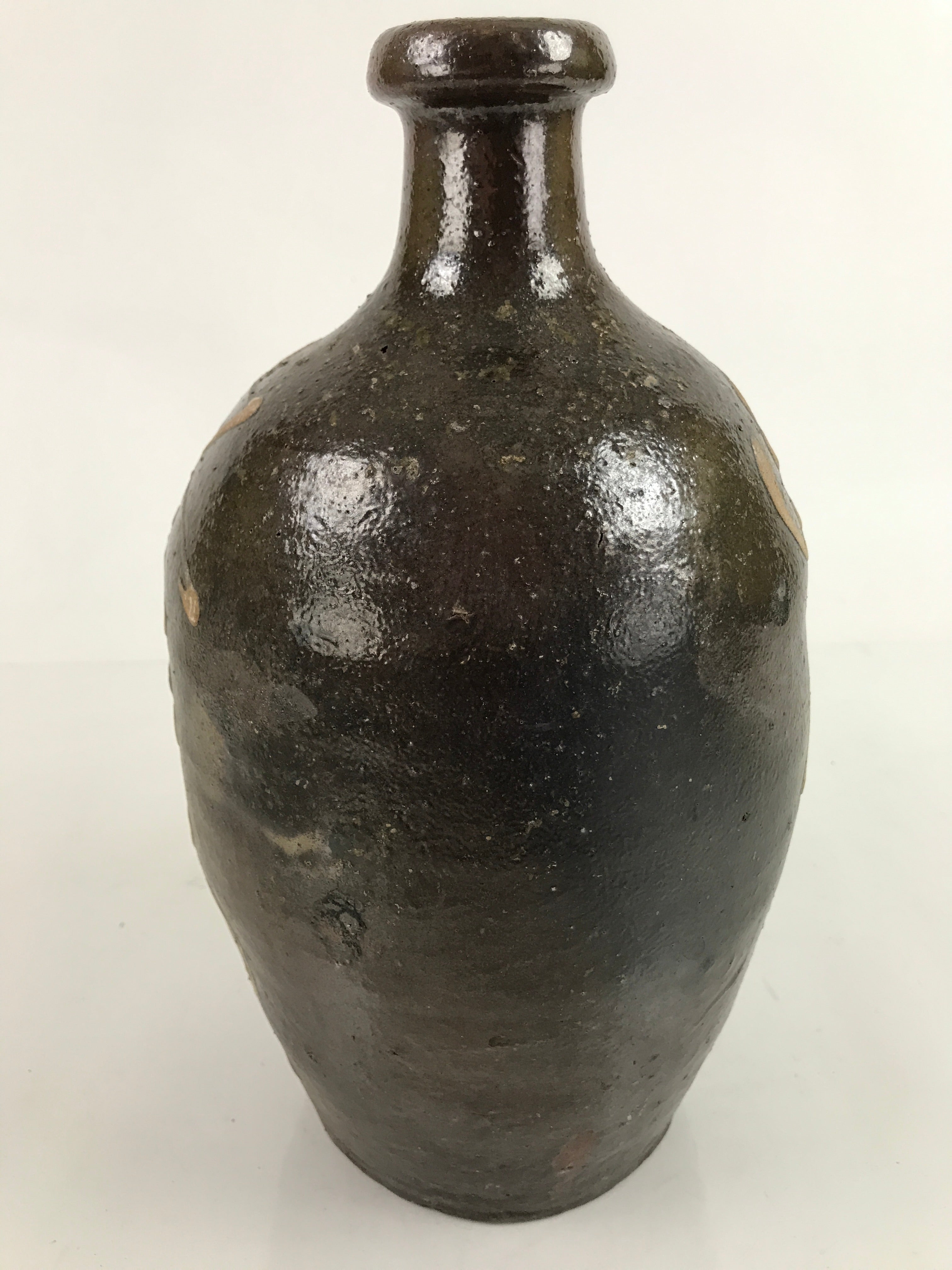 Antique C1900 Japanese Ceramic Sake Bottle Kayoi-Tokkuri Beige Kanji Brown TS752