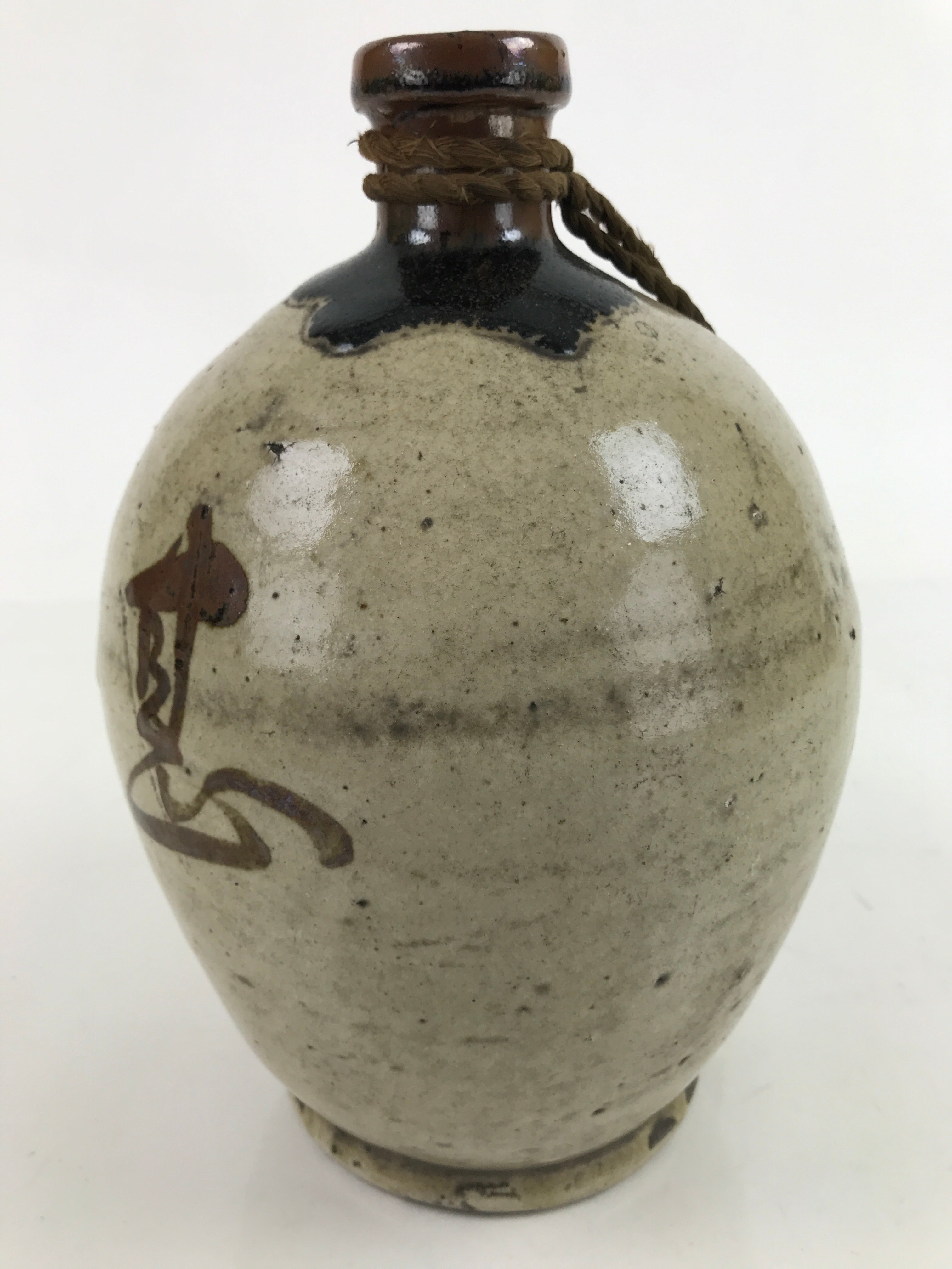 Antique C1900 Japanese Ceramic Sake Bottle Kayoi-Tokkuri Beige Kanji Brown TS754