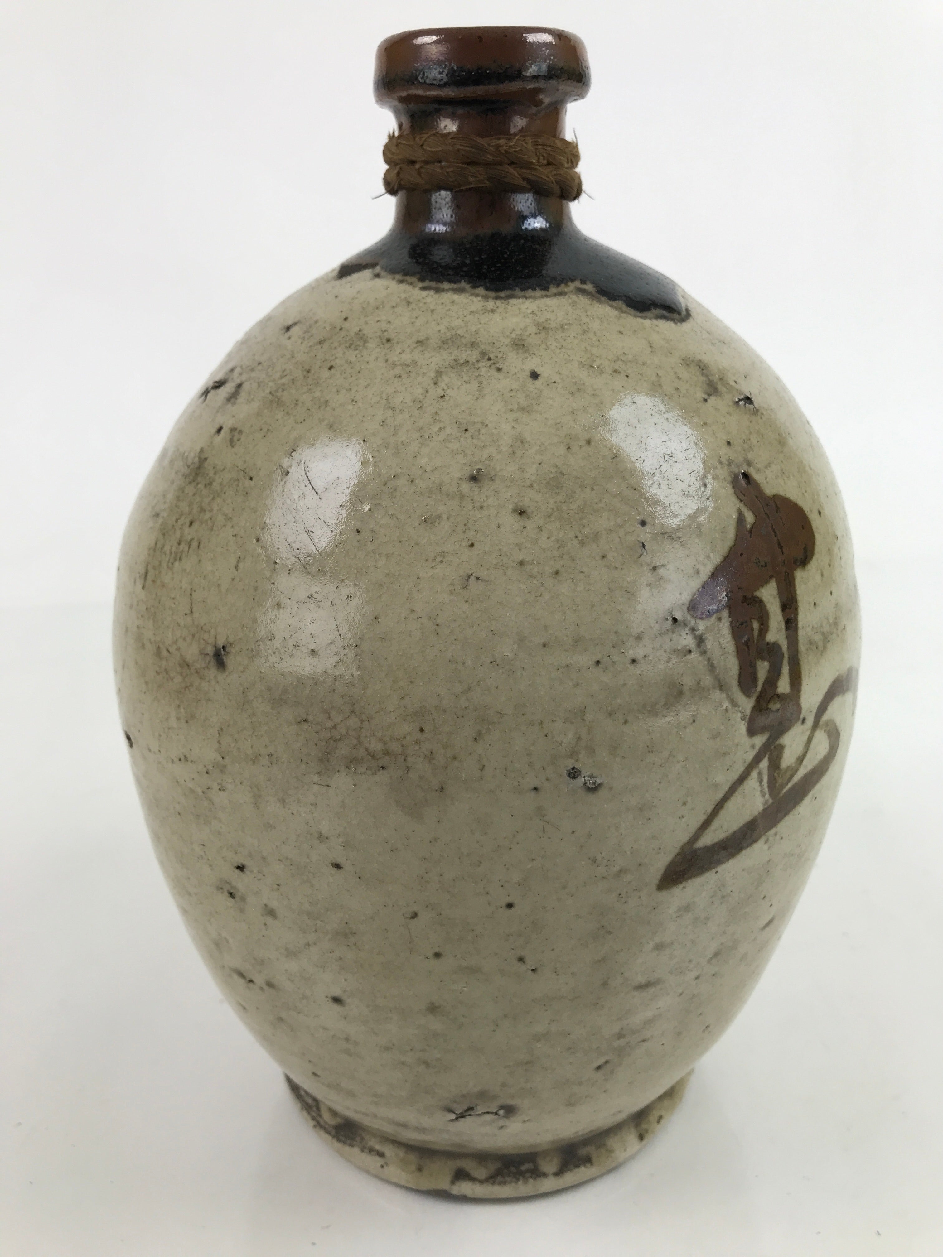 Antique C1900 Japanese Ceramic Sake Bottle Kayoi-Tokkuri Beige Kanji Brown TS754