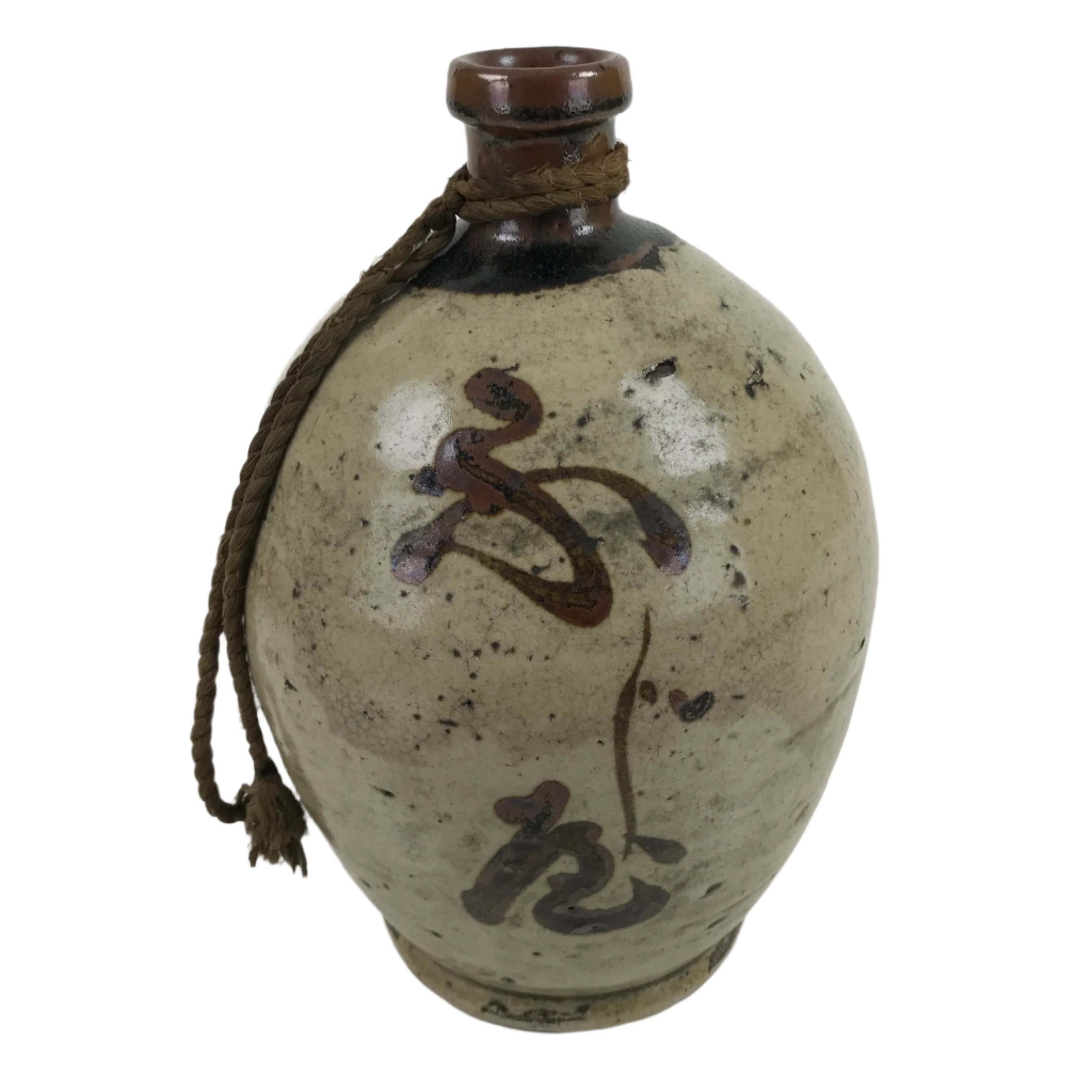 Antique C1900 Japanese Ceramic Sake Bottle Kayoi-Tokkuri Beige Kanji Brown TS754