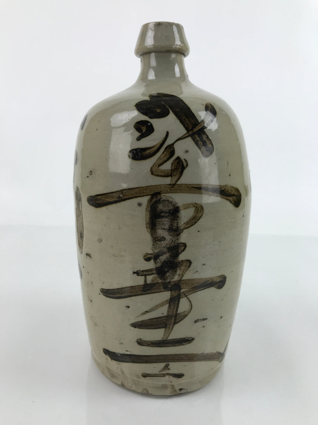 Antique C1900 Japanese Ceramic Sake Bottle Kayoi-Tokkuri Black Kanji Gray TS668