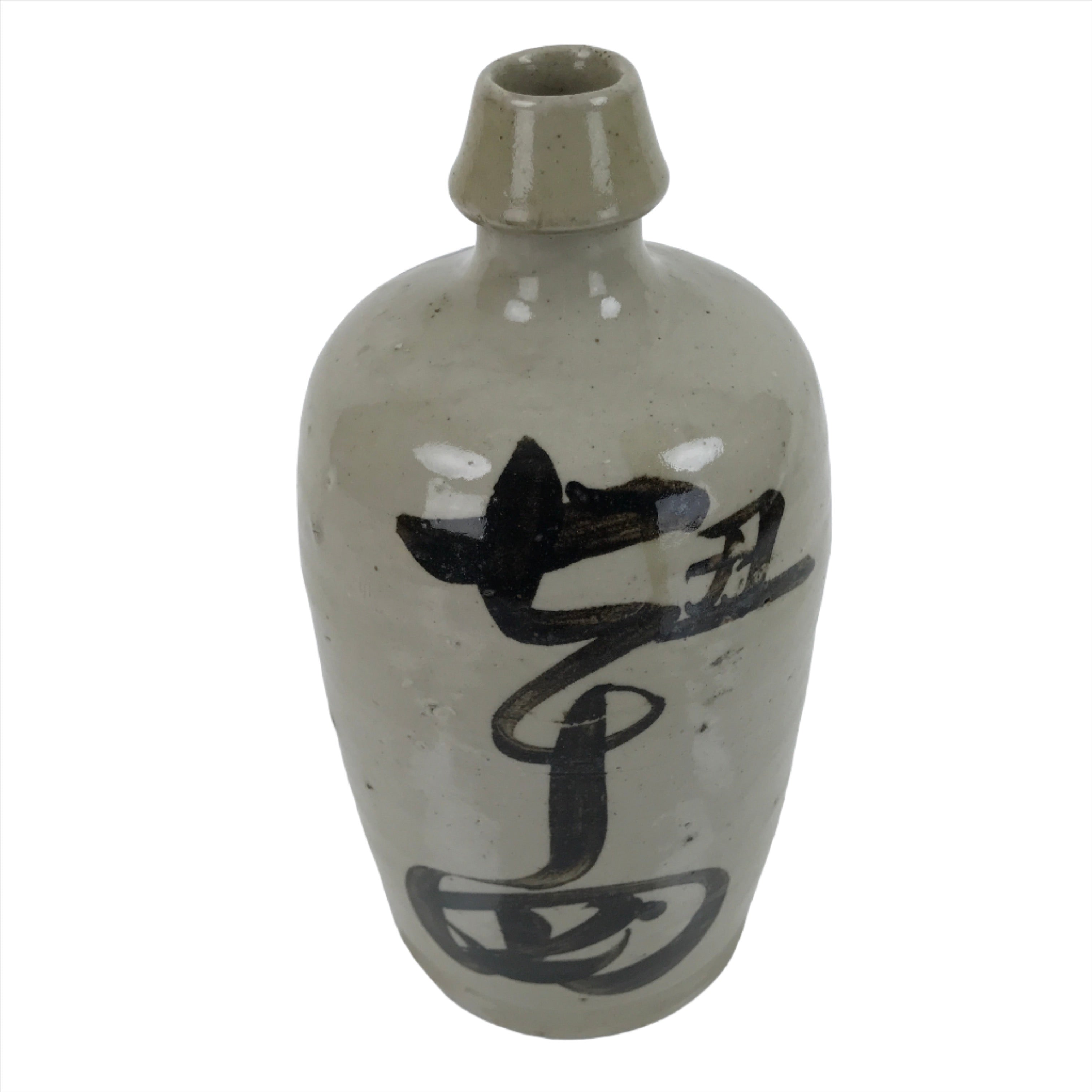 Antique C1900 Japanese Ceramic Sake Bottle Kayoi-Tokkuri Black Kanji Gray TS669