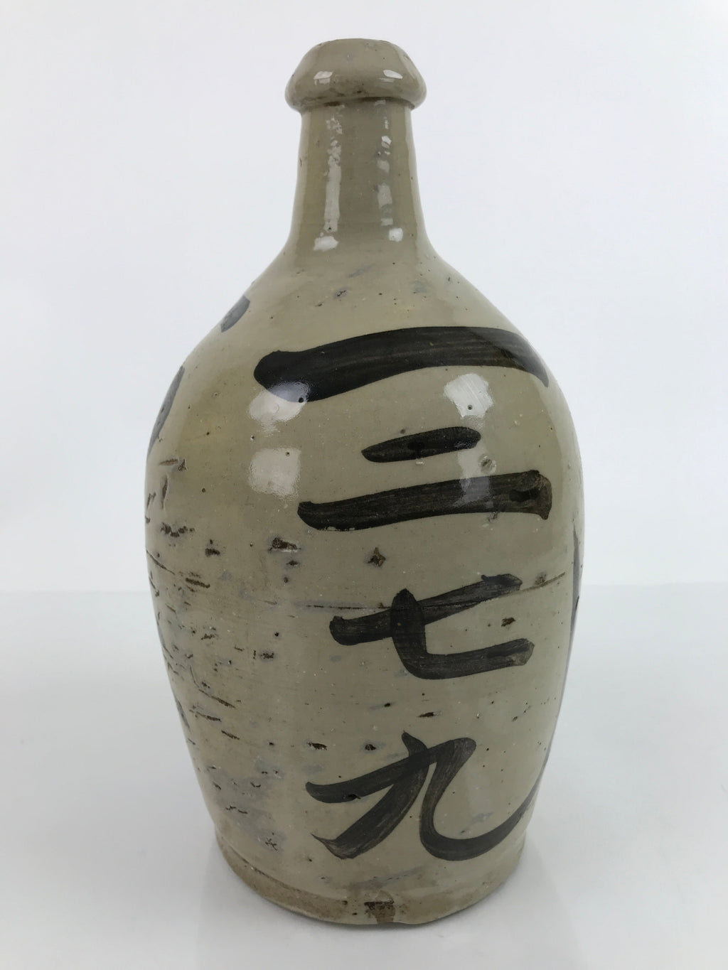 Antique C1900 Japanese Ceramic Sake Bottle Kayoi-Tokkuri Black Kanji Gray TS671