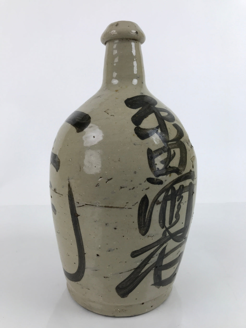 Antique C1900 Japanese Ceramic Sake Bottle Kayoi-Tokkuri Black Kanji Gray TS671