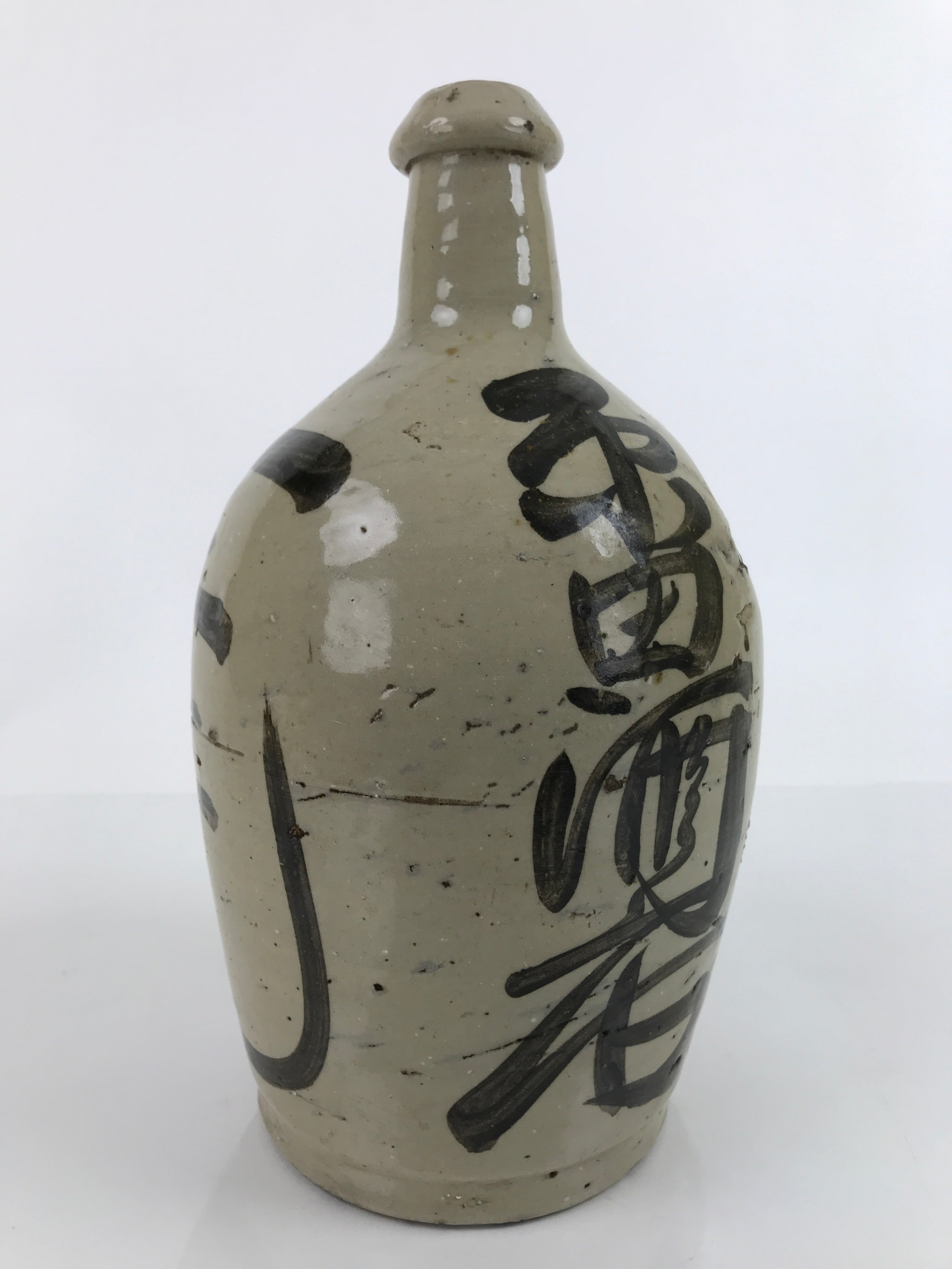 Antique C1900 Japanese Ceramic Sake Bottle Kayoi-Tokkuri Black Kanji Gray TS671