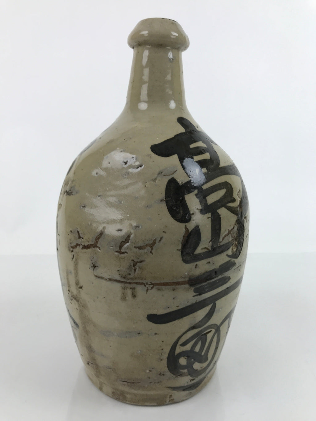 Antique C1900 Japanese Ceramic Sake Bottle Kayoi-Tokkuri Black Kanji Gray TS671
