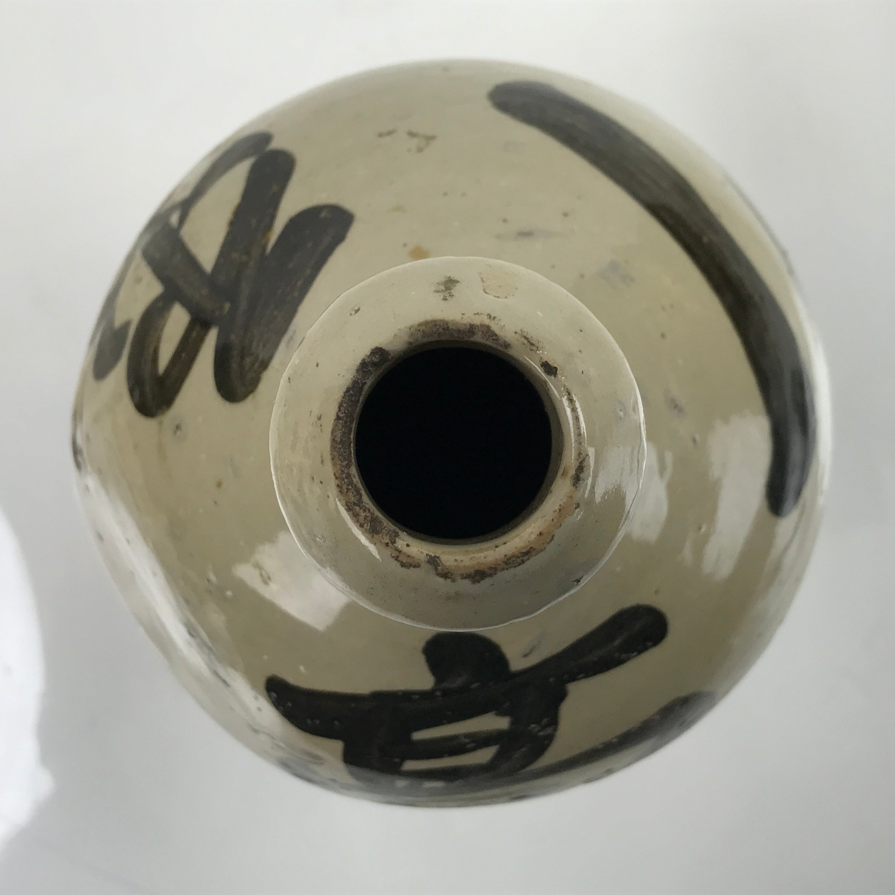 Antique C1900 Japanese Ceramic Sake Bottle Kayoi-Tokkuri Black Kanji Gray TS671