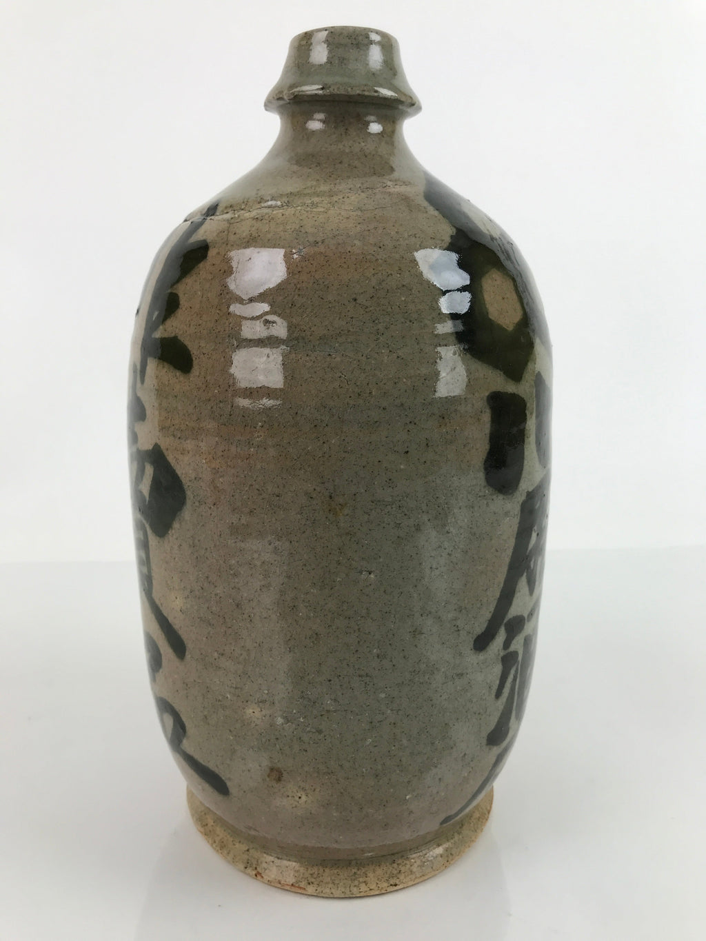 Antique C1900 Japanese Ceramic Sake Bottle Kayoi-Tokkuri Black Kanji Gray TS673