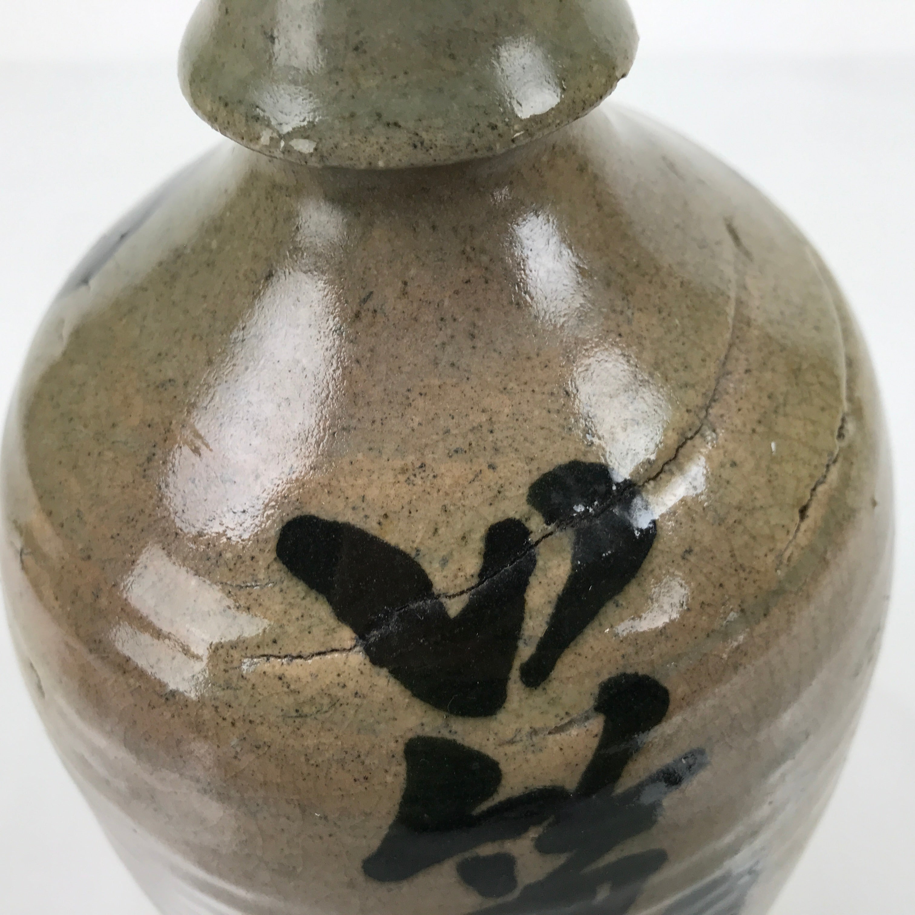 Antique C1900 Japanese Ceramic Sake Bottle Kayoi-Tokkuri Black Kanji Gray TS673
