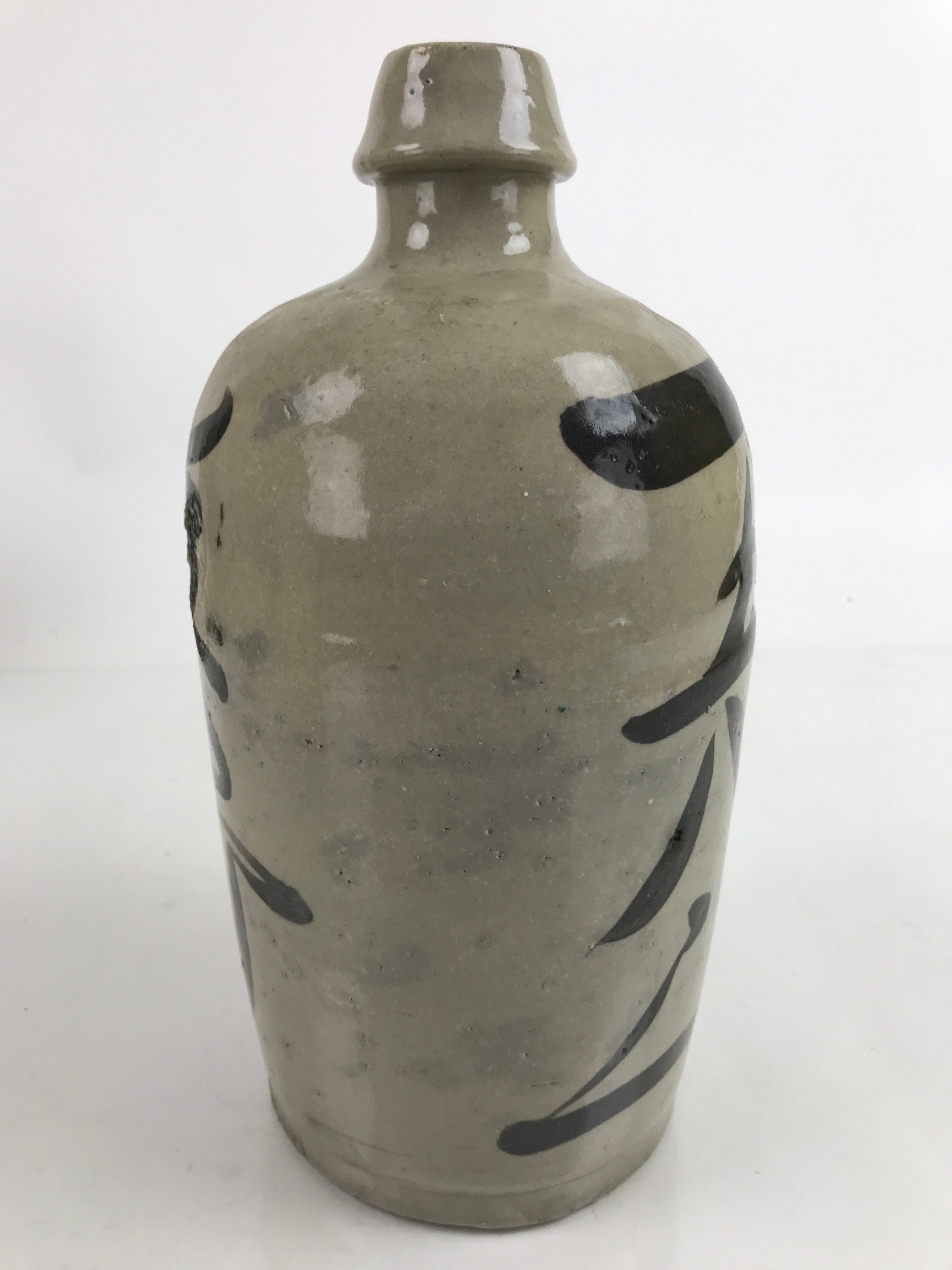 Antique C1900 Japanese Ceramic Sake Bottle Kayoi-Tokkuri Black Kanji Gray TS759