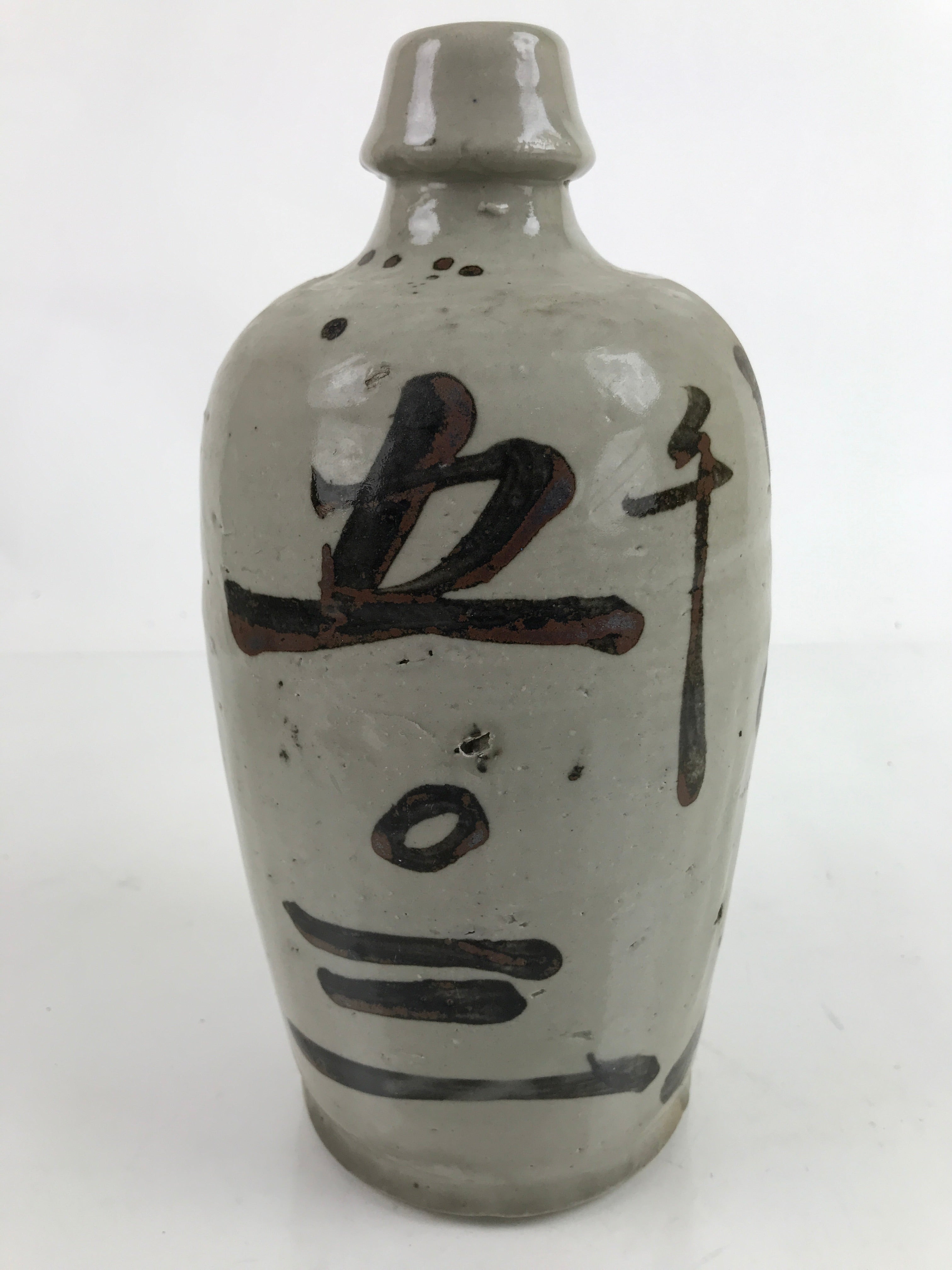 Antique C1900 Japanese Ceramic Sake Bottle Kayoi-Tokkuri Black Kanji Gray TS762