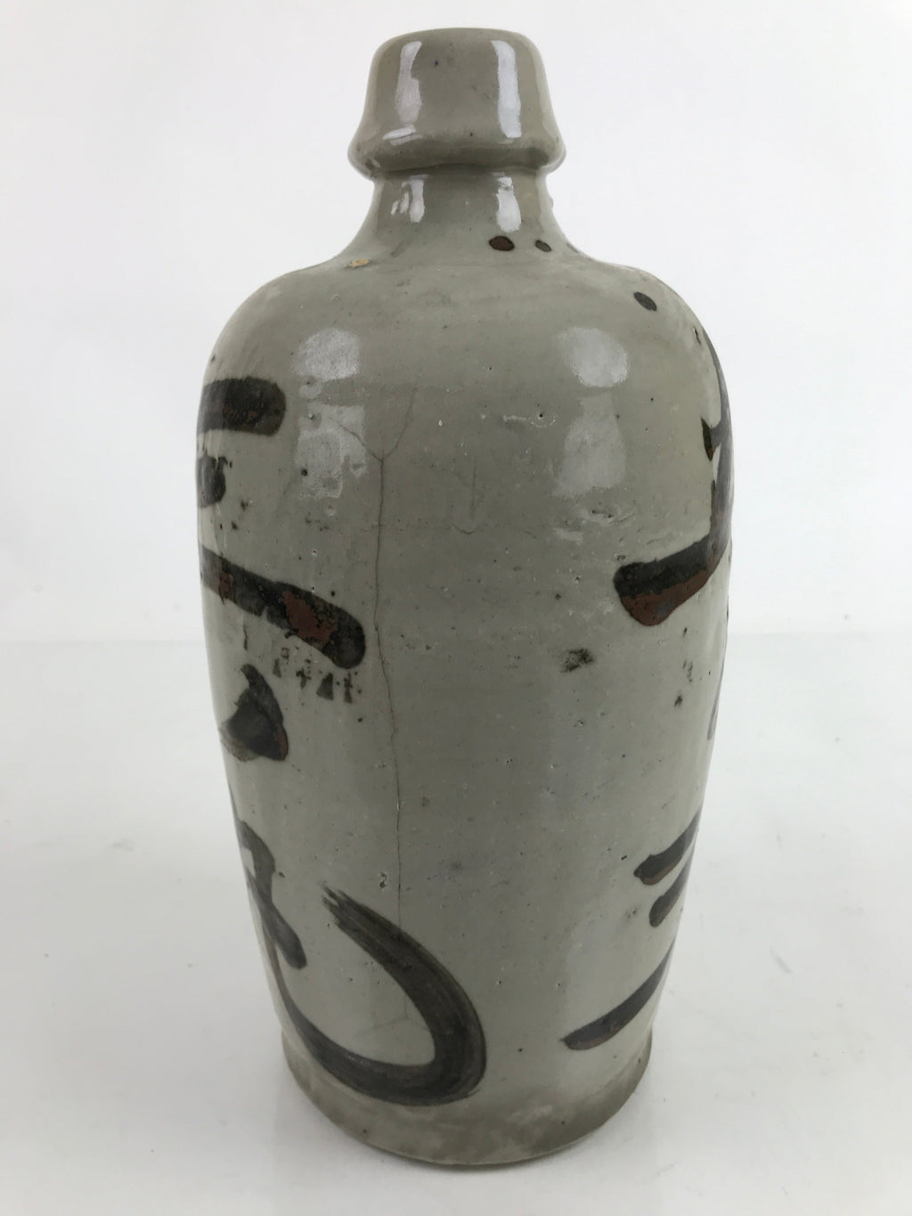 Antique C1900 Japanese Ceramic Sake Bottle Kayoi-Tokkuri Black Kanji Gray TS762