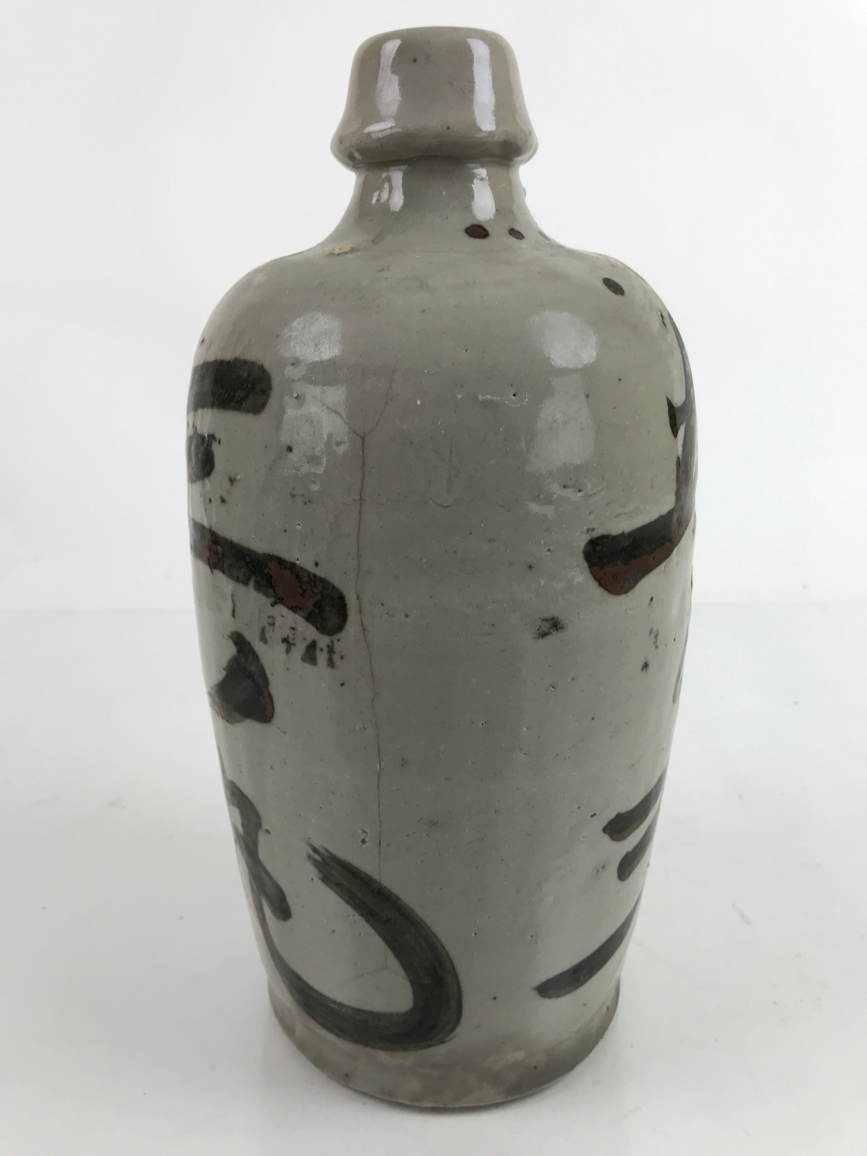 Antique C1900 Japanese Ceramic Sake Bottle Kayoi-Tokkuri Black Kanji Gray TS762