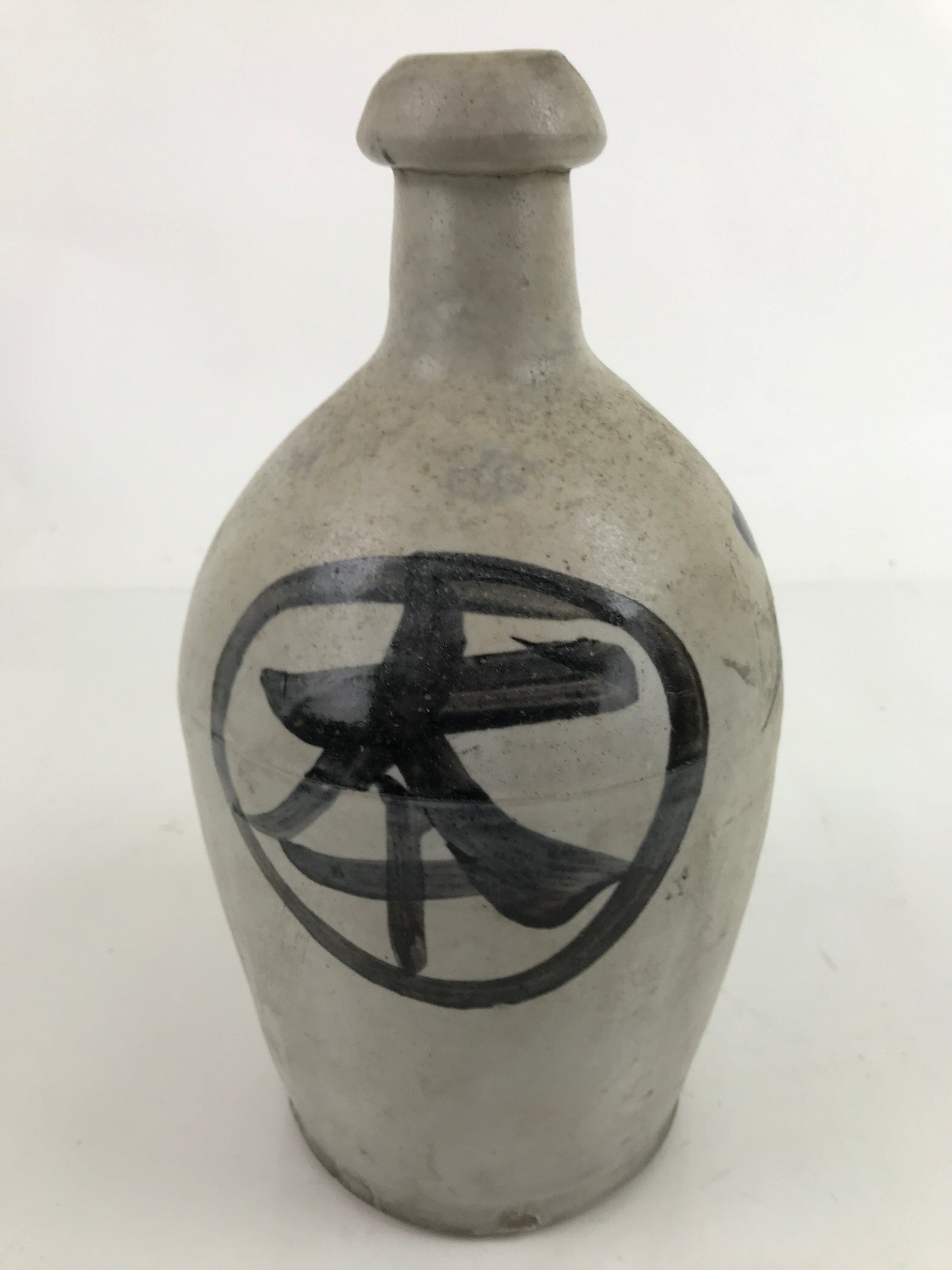 Antique C1900 Japanese Ceramic Sake Bottle Kayoi-Tokkuri Black Kanji Gray TS763