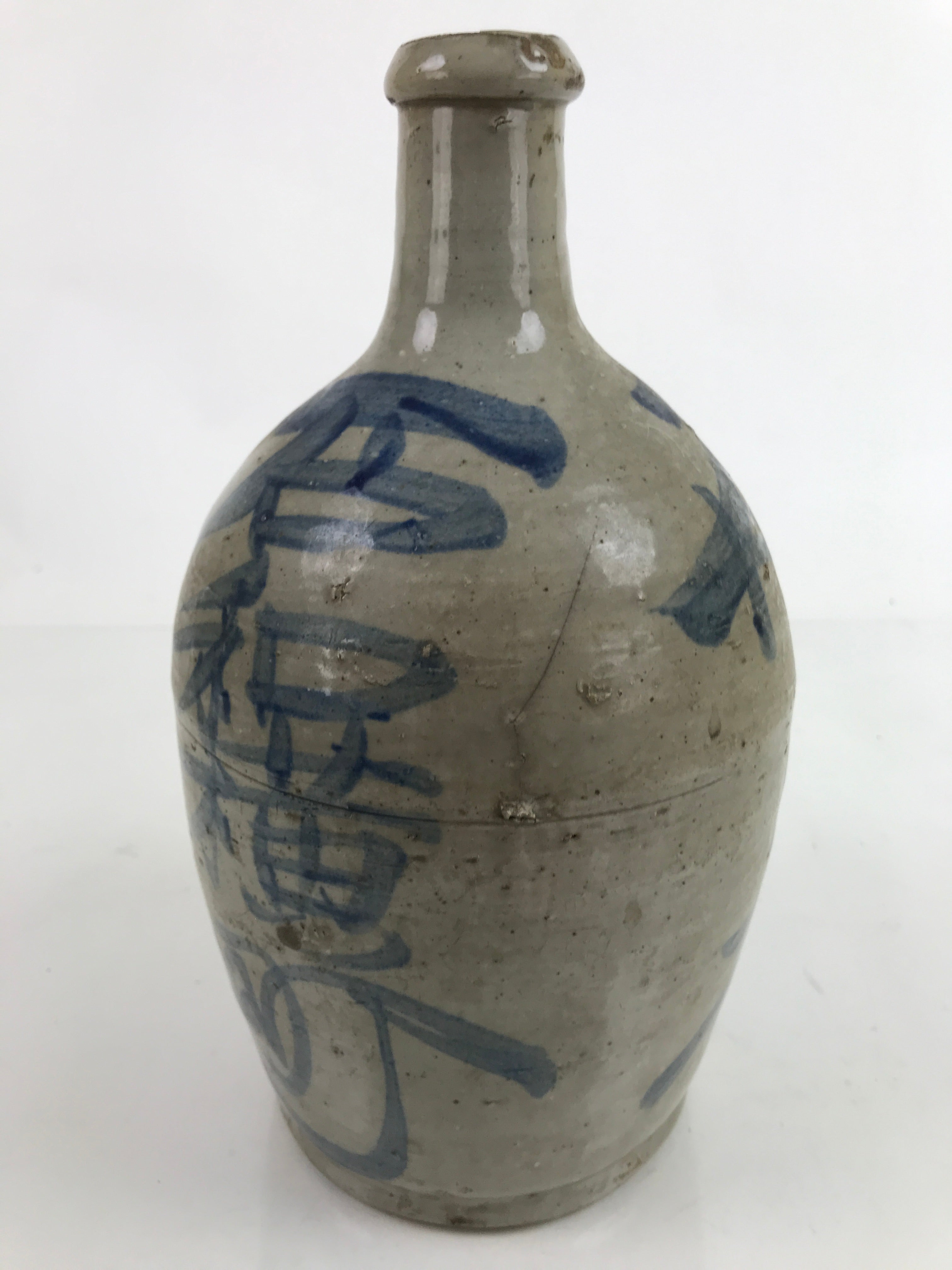 Antique C1900 Japanese Ceramic Sake Bottle Kayoi-Tokkuri Blue Kanji Gray TS766