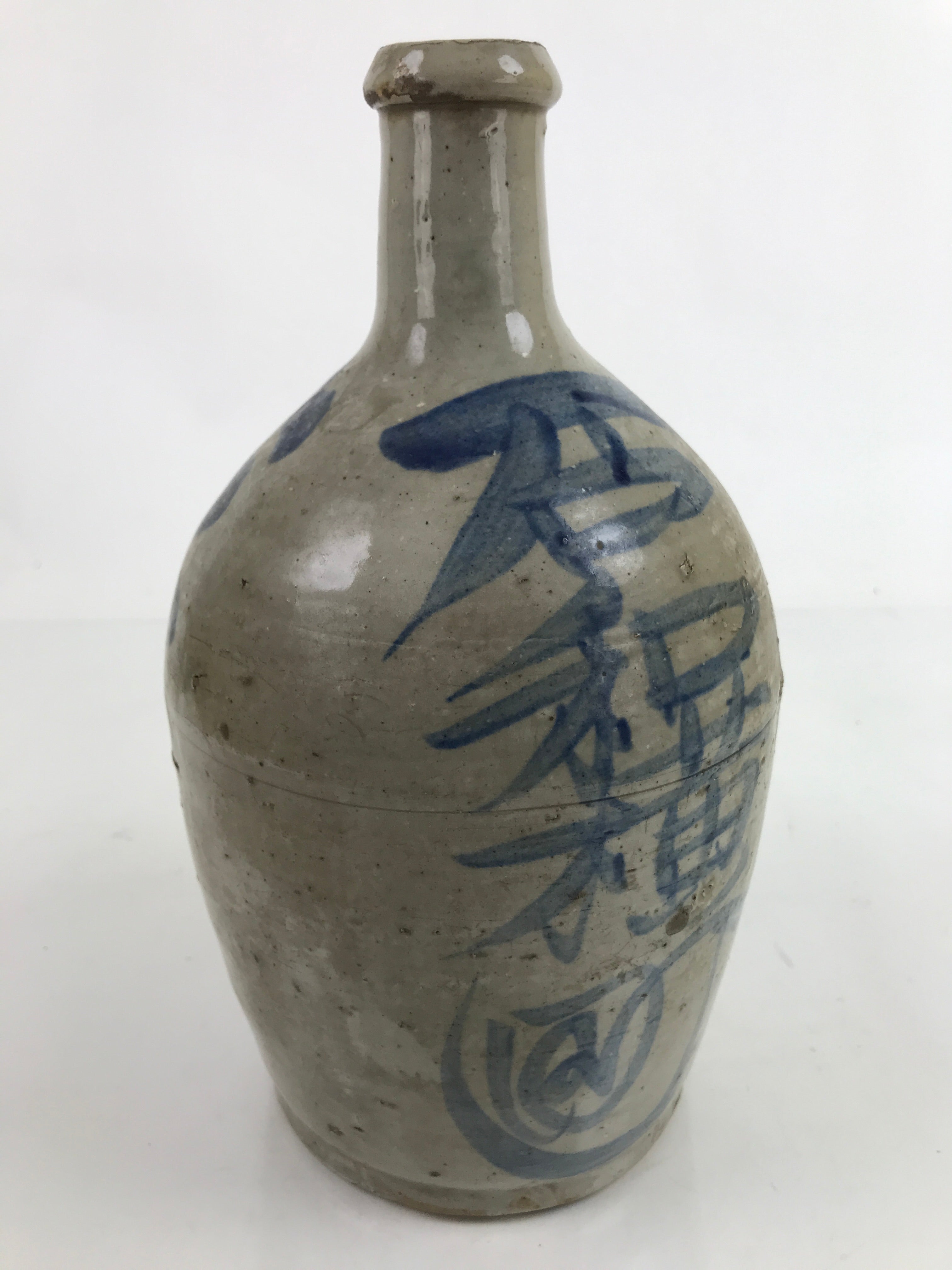 Antique C1900 Japanese Ceramic Sake Bottle Kayoi-Tokkuri Blue Kanji Gray TS766