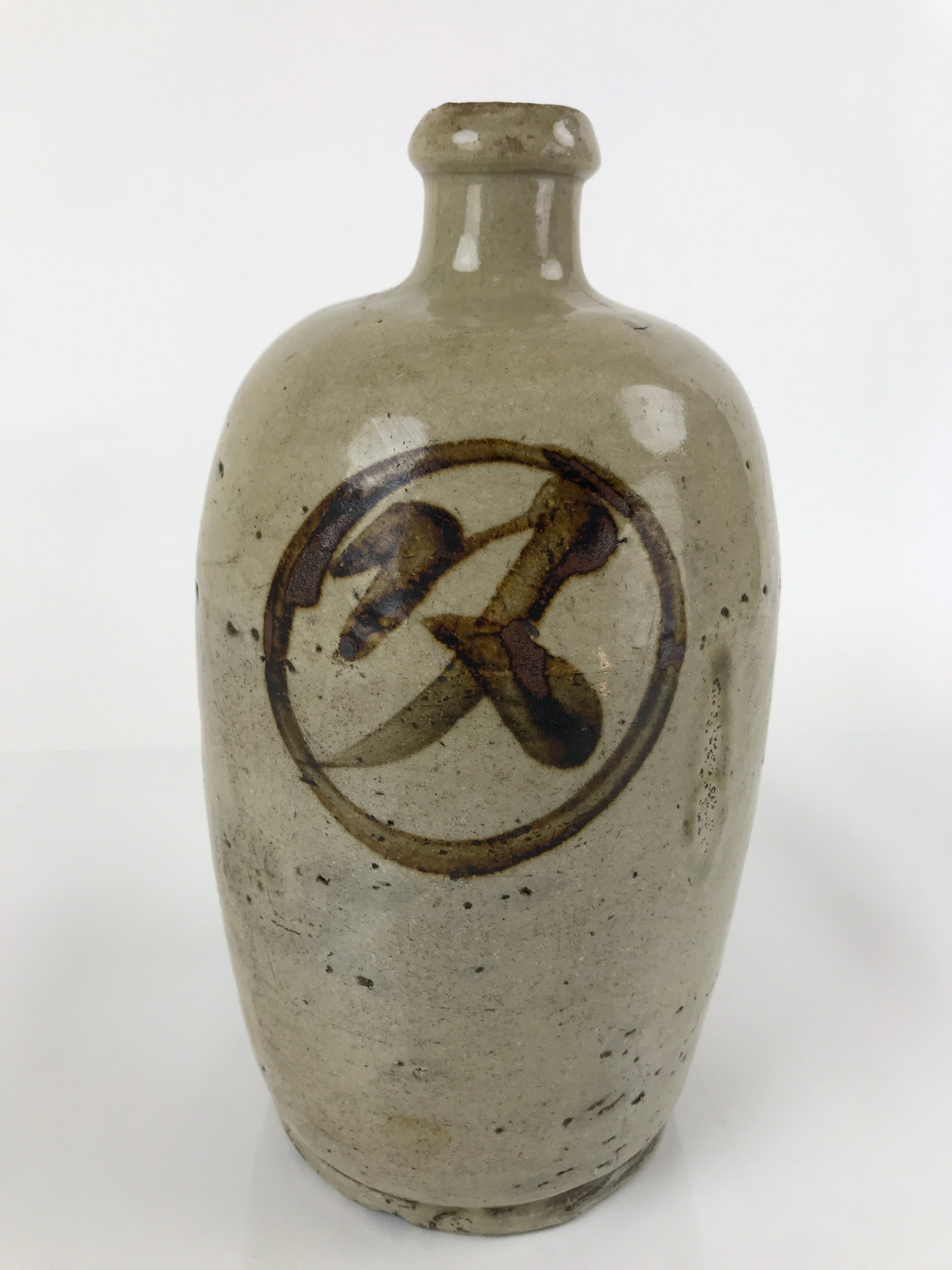 Antique C1900 Japanese Ceramic Sake Bottle Kayoi-Tokkuri Gray Black Kanji TS633