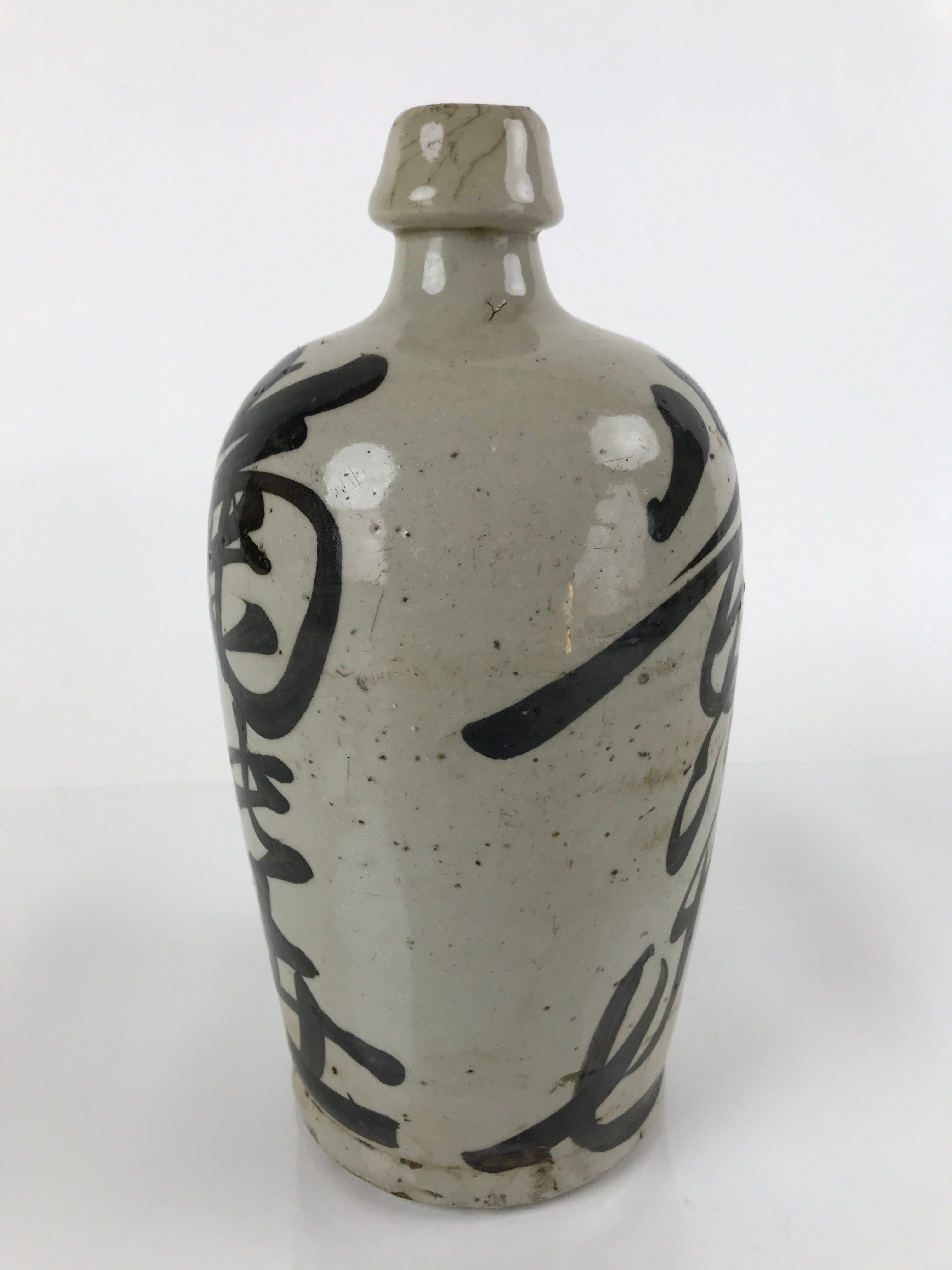 Antique C1900 Japanese Ceramic Sake Bottle Kayoi-Tokkuri Gray Black Kanji TS634