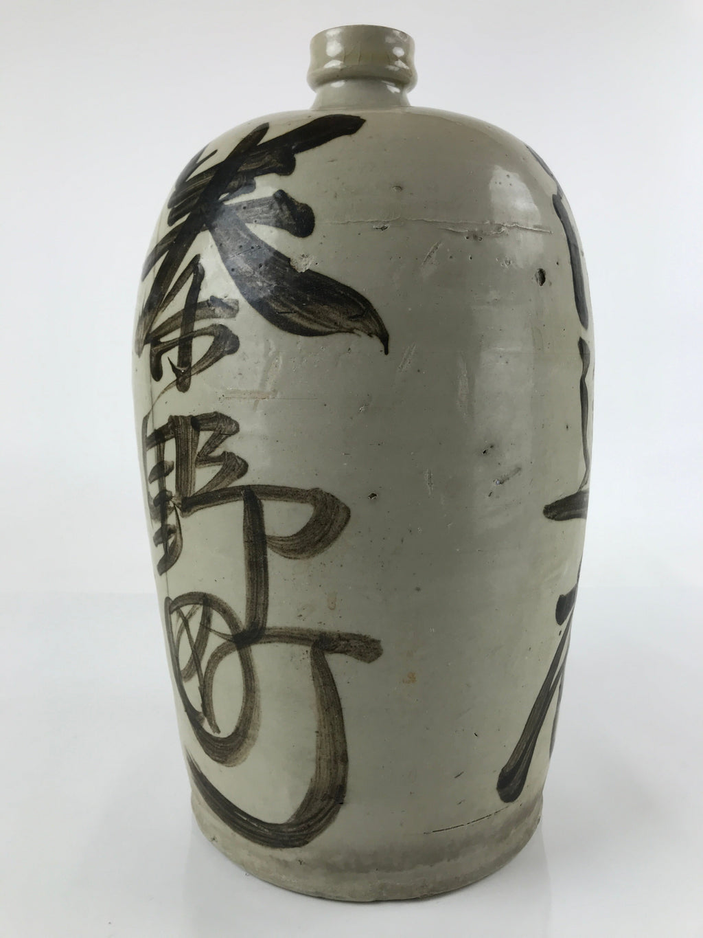 Antique C1900 Japanese Ceramic Sake Bottle Kayoi-Tokkuri Large Black Kanji TS635