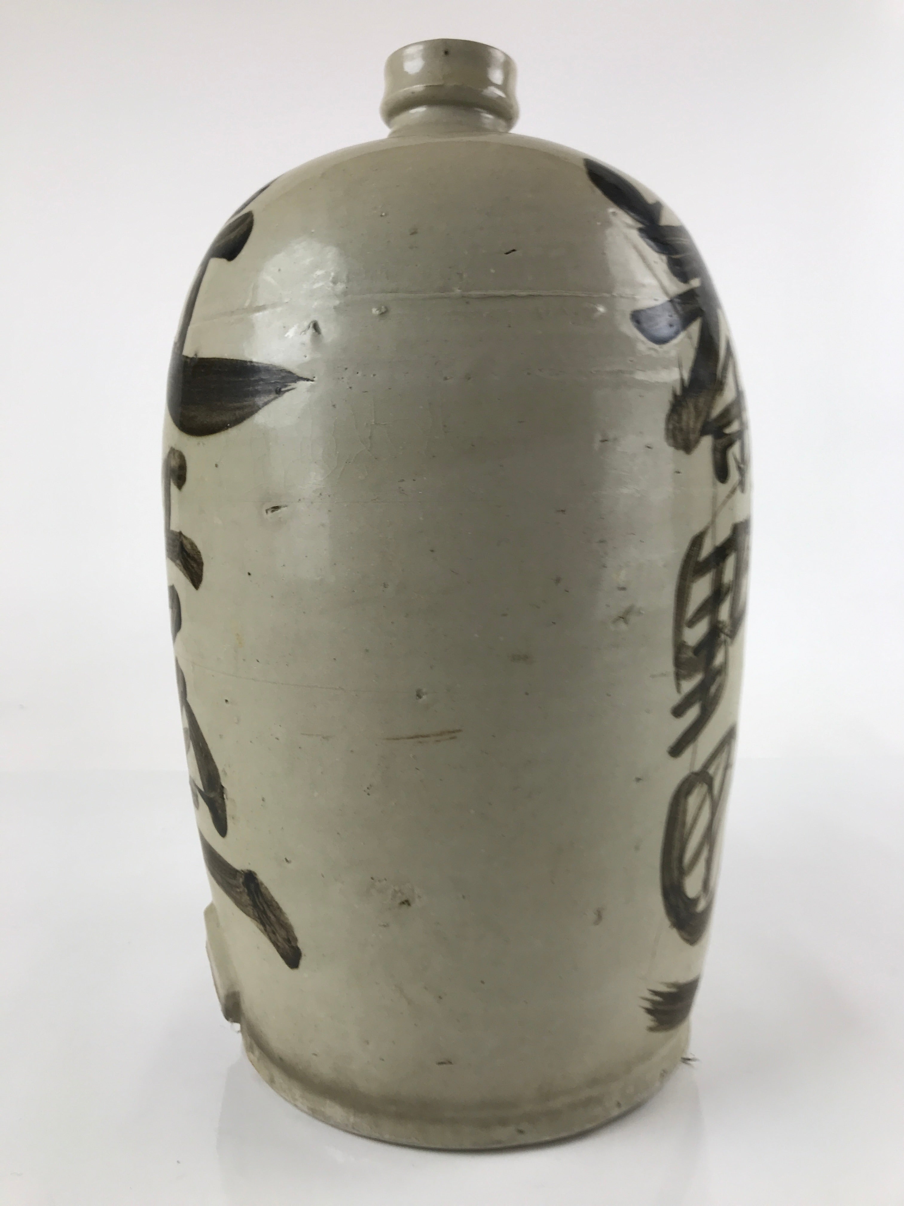 Antique C1900 Japanese Ceramic Sake Bottle Kayoi-Tokkuri Large Black Kanji TS635