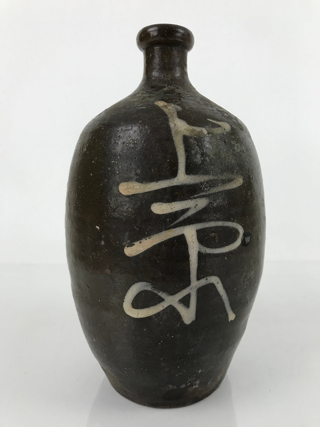 Antique C1900 Japanese Ceramic Sake Bottle Kayoi-Tokkuri White Kanji Brown TS674