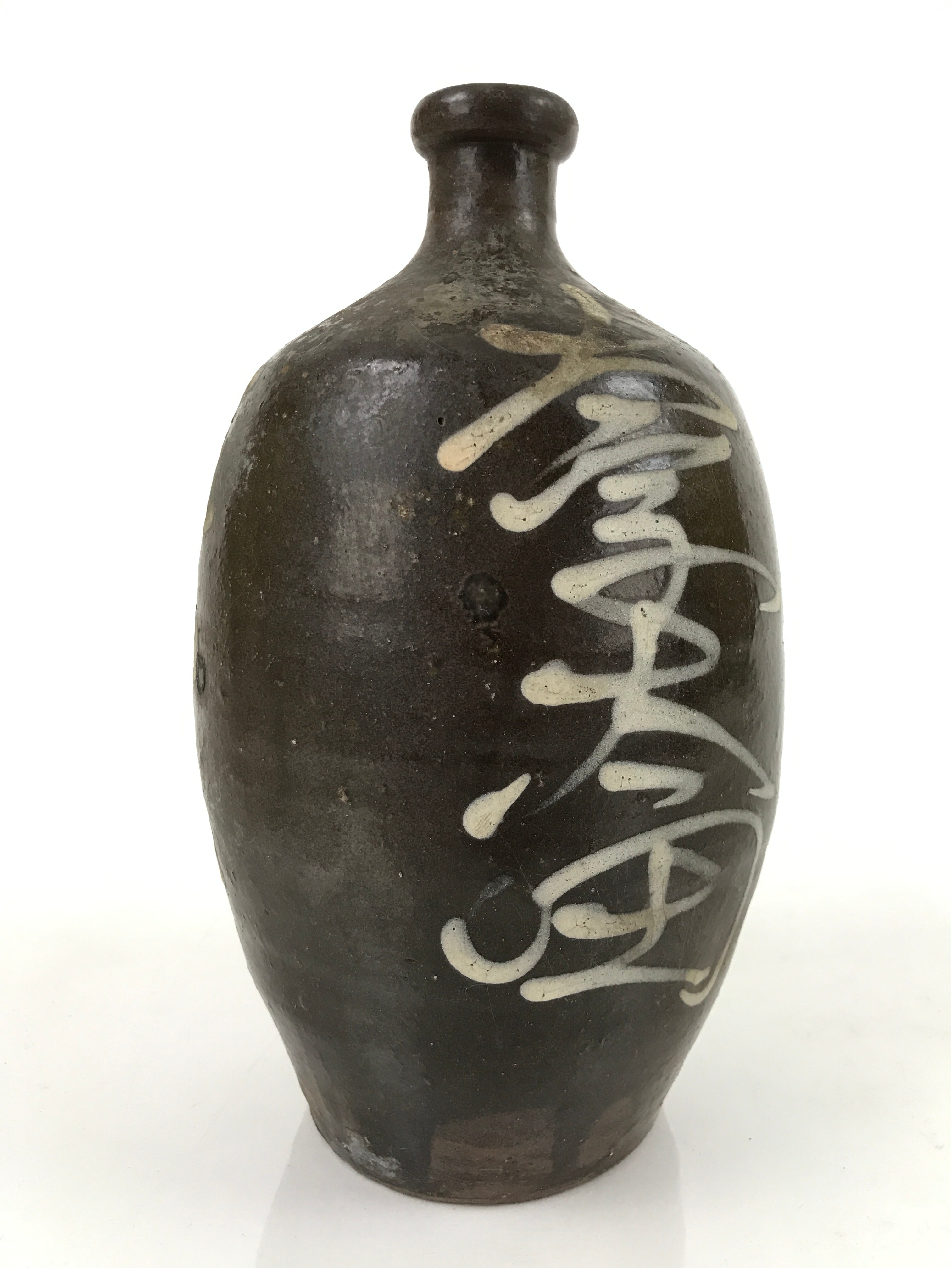 Antique C1900 Japanese Ceramic Sake Bottle Kayoi-Tokkuri White Kanji Brown TS674