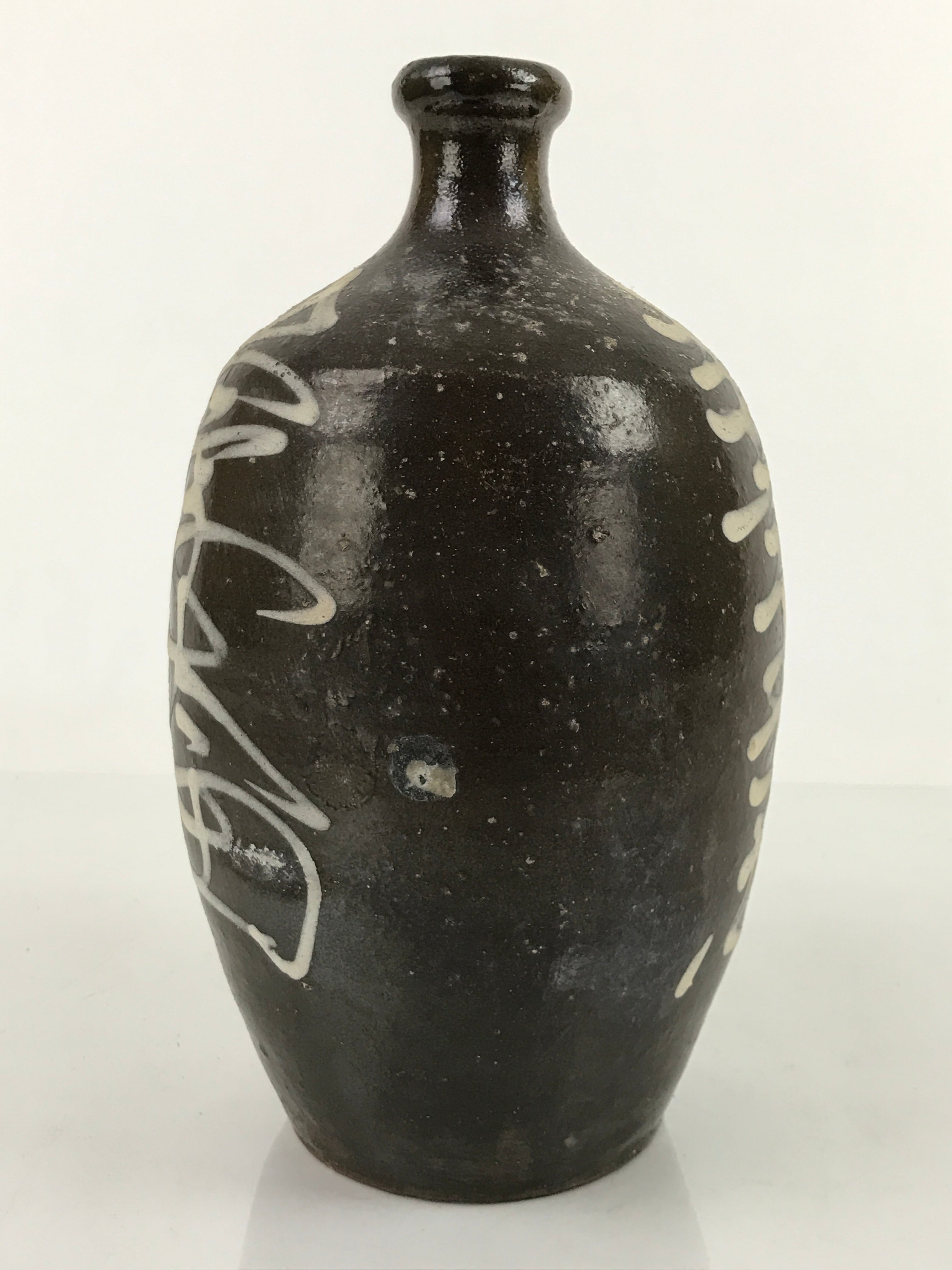 Antique C1900 Japanese Ceramic Sake Bottle Kayoi-Tokkuri White Kanji Brown TS675